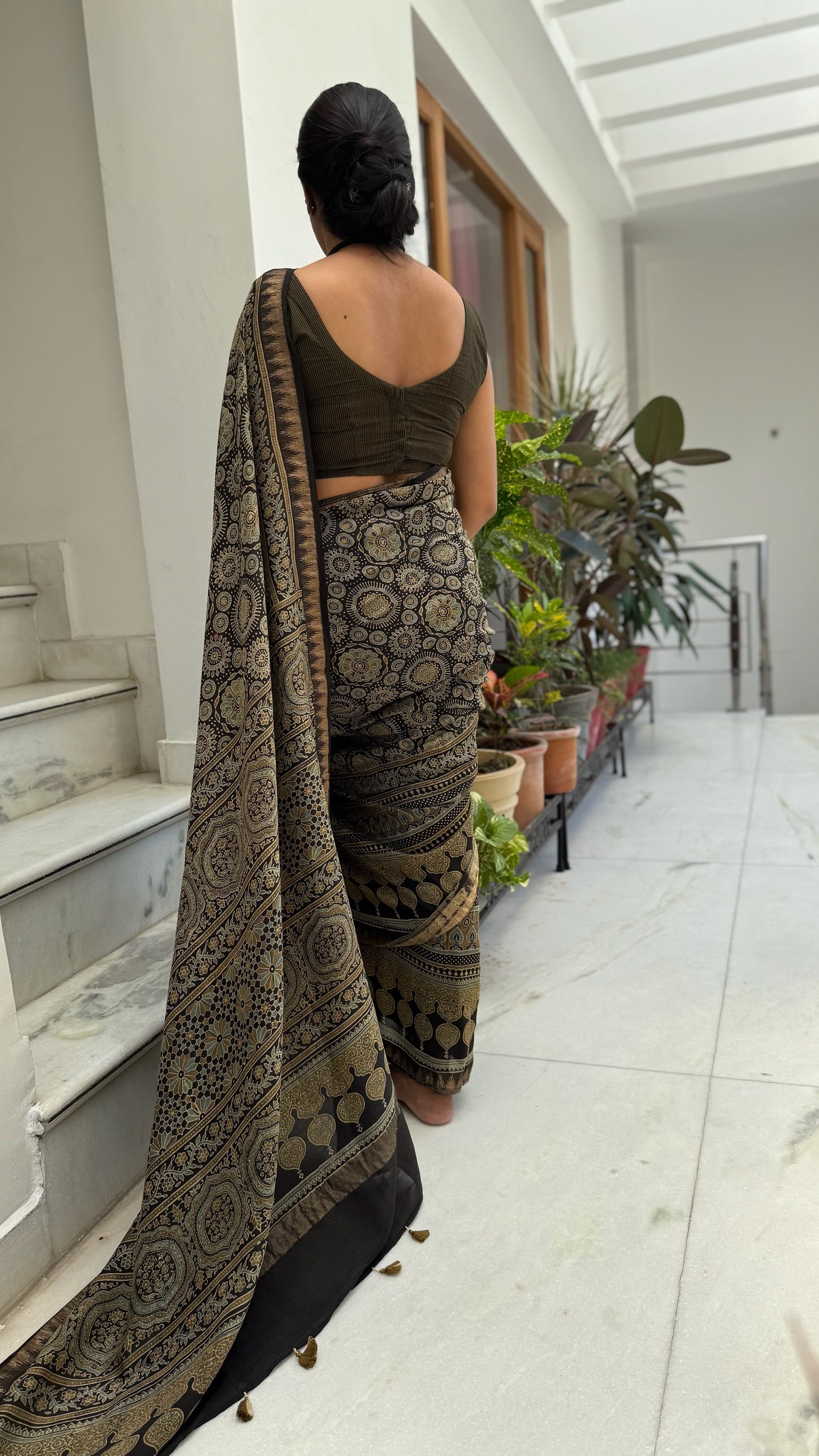 Olive Black Ajrakh Hand Block Cotton Silk Maheshwari Saree
