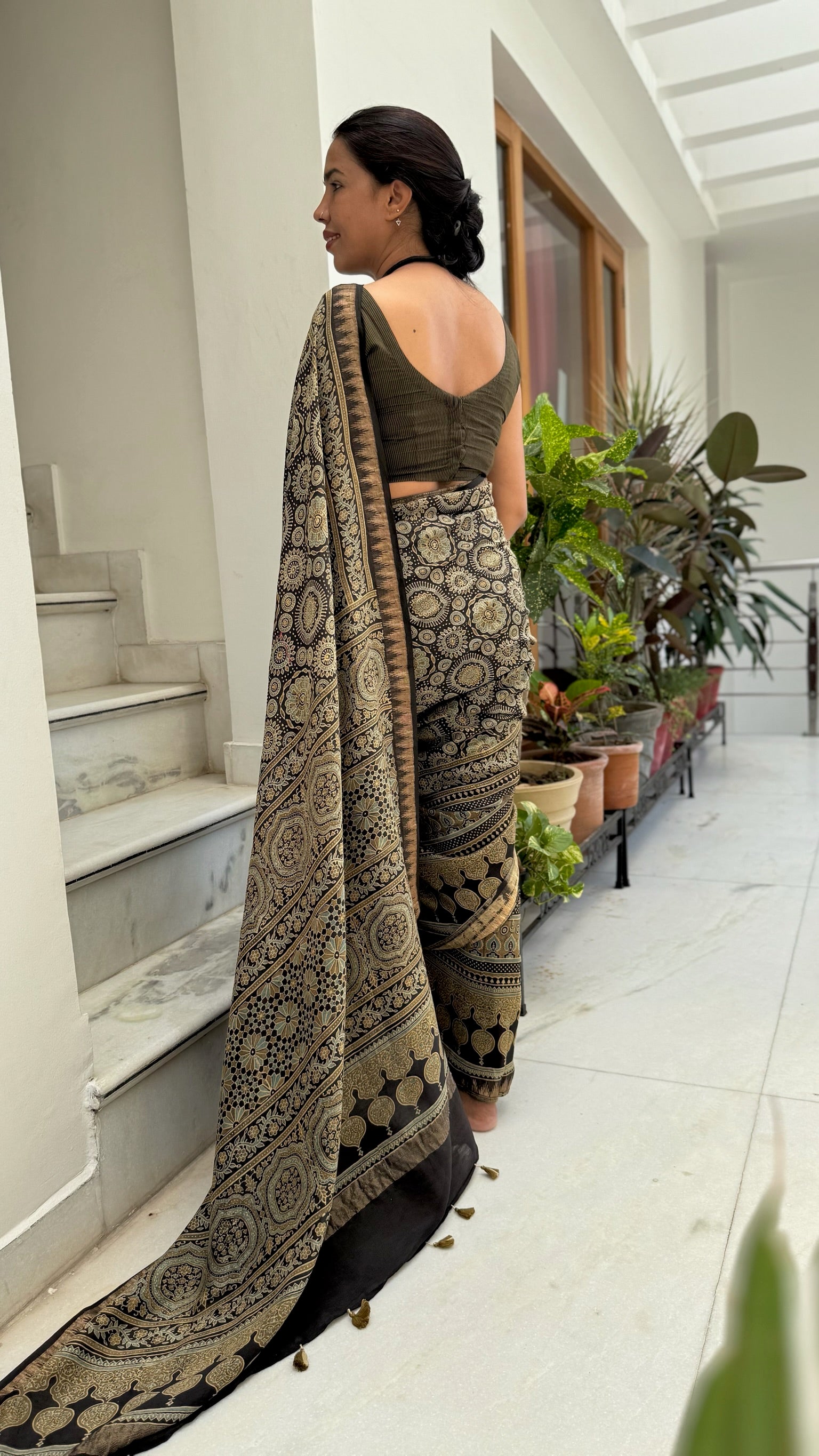 Olive Black Ajrakh Hand Block Cotton Silk Maheshwari Saree