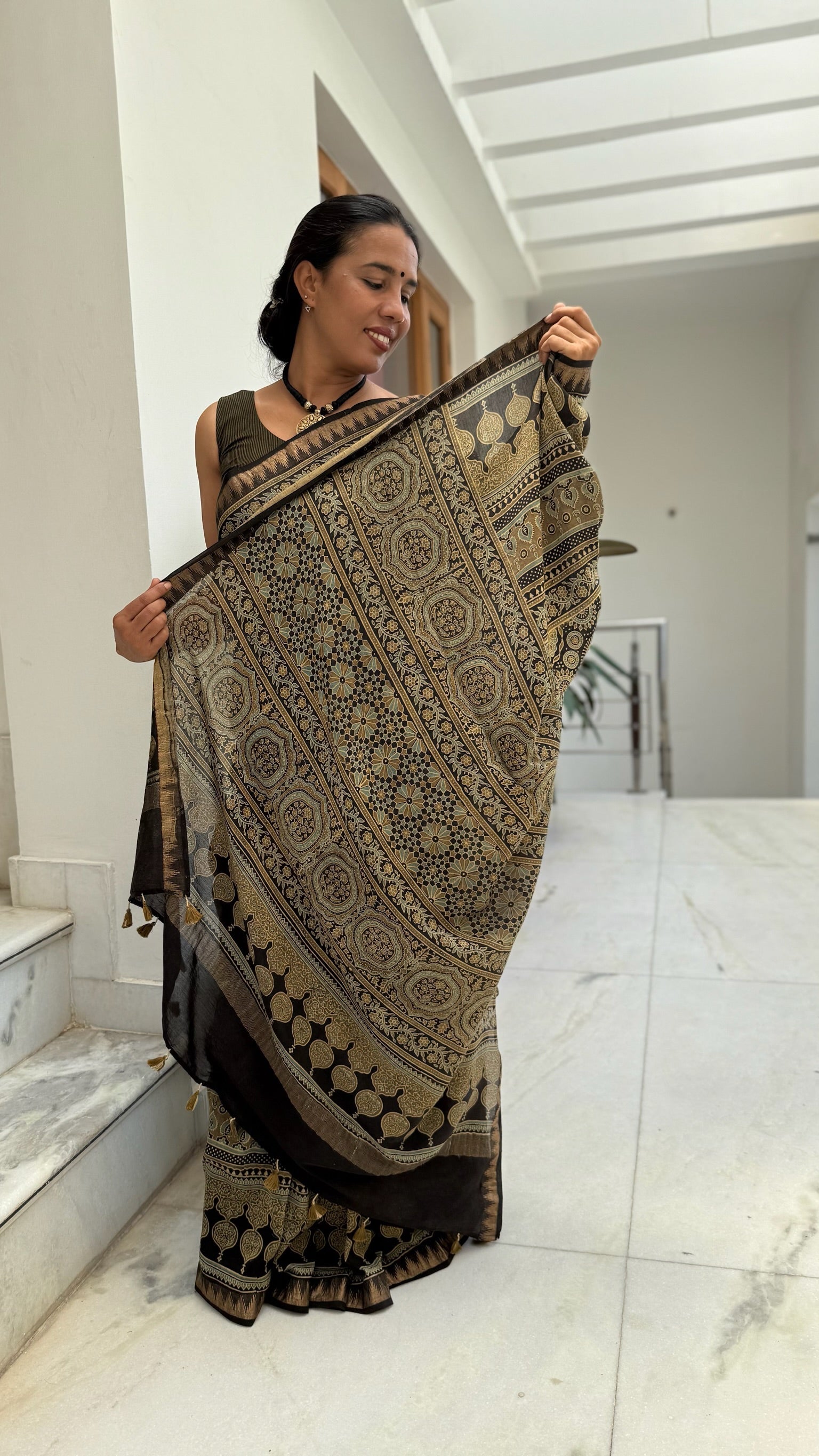 Olive Black Ajrakh Hand Block Cotton Silk Maheshwari Saree