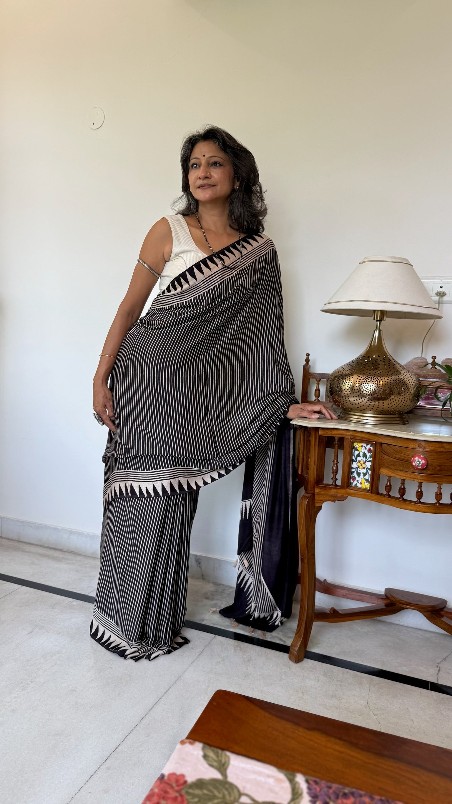 Black And White Hand Block Ajrakh Modal Silk Saree