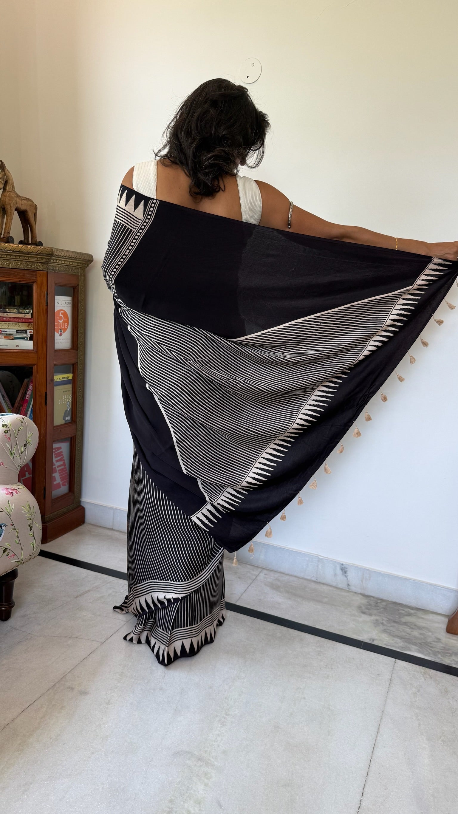 Black And White Hand Block Ajrakh Modal Silk Saree