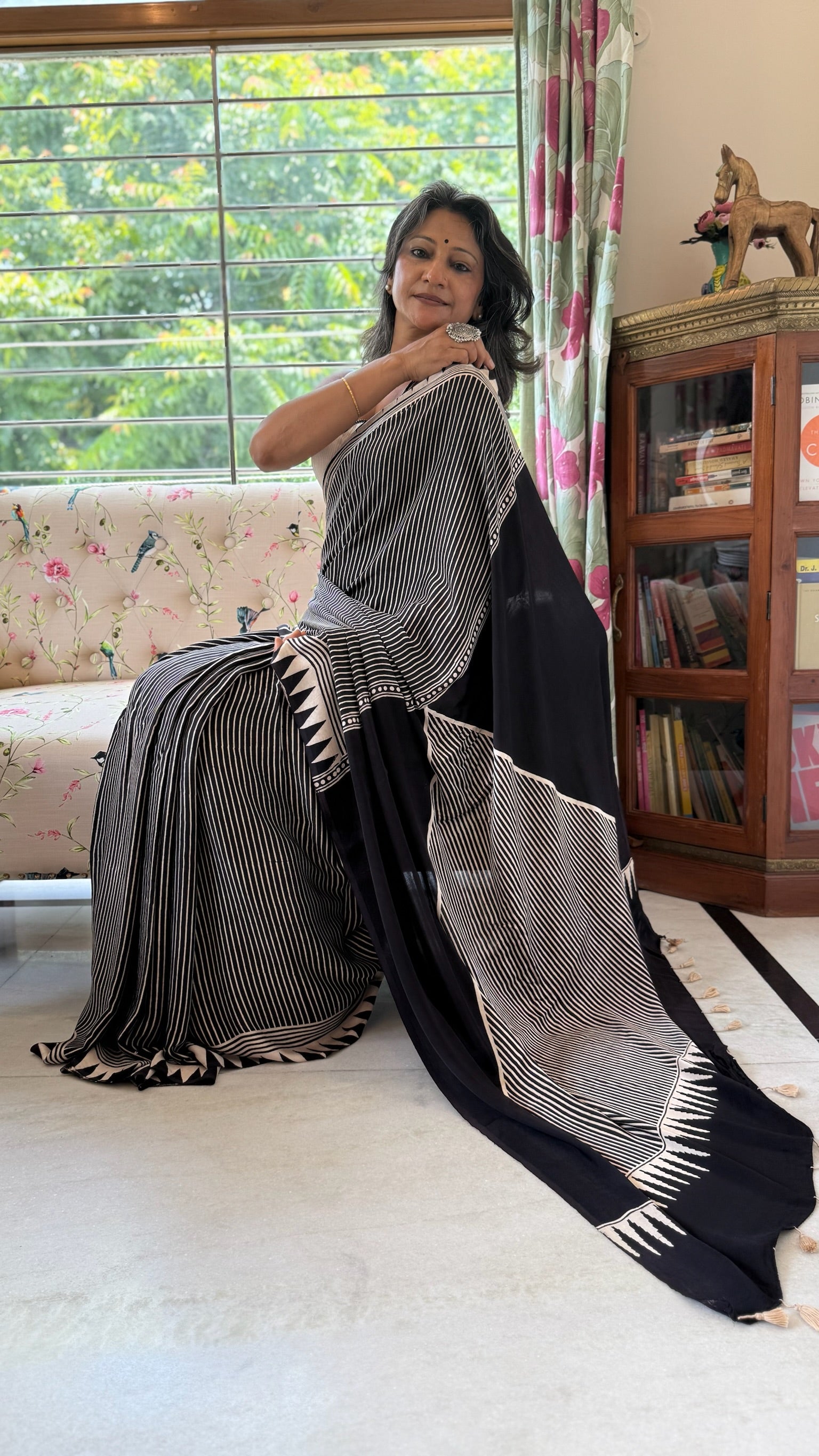 Black And White Hand Block Ajrakh Modal Silk Saree