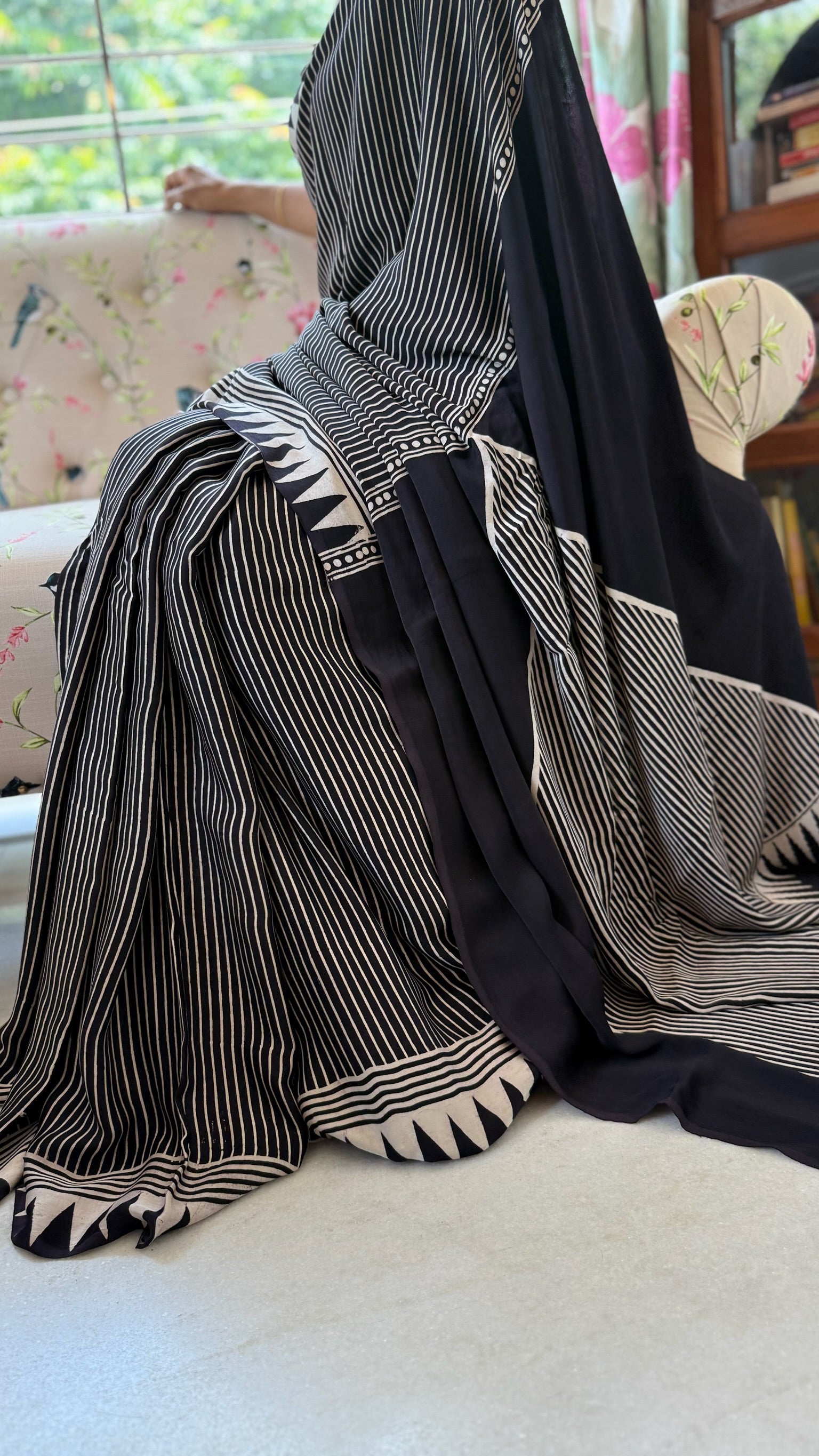 Black And White Hand Block Ajrakh Modal Silk Saree