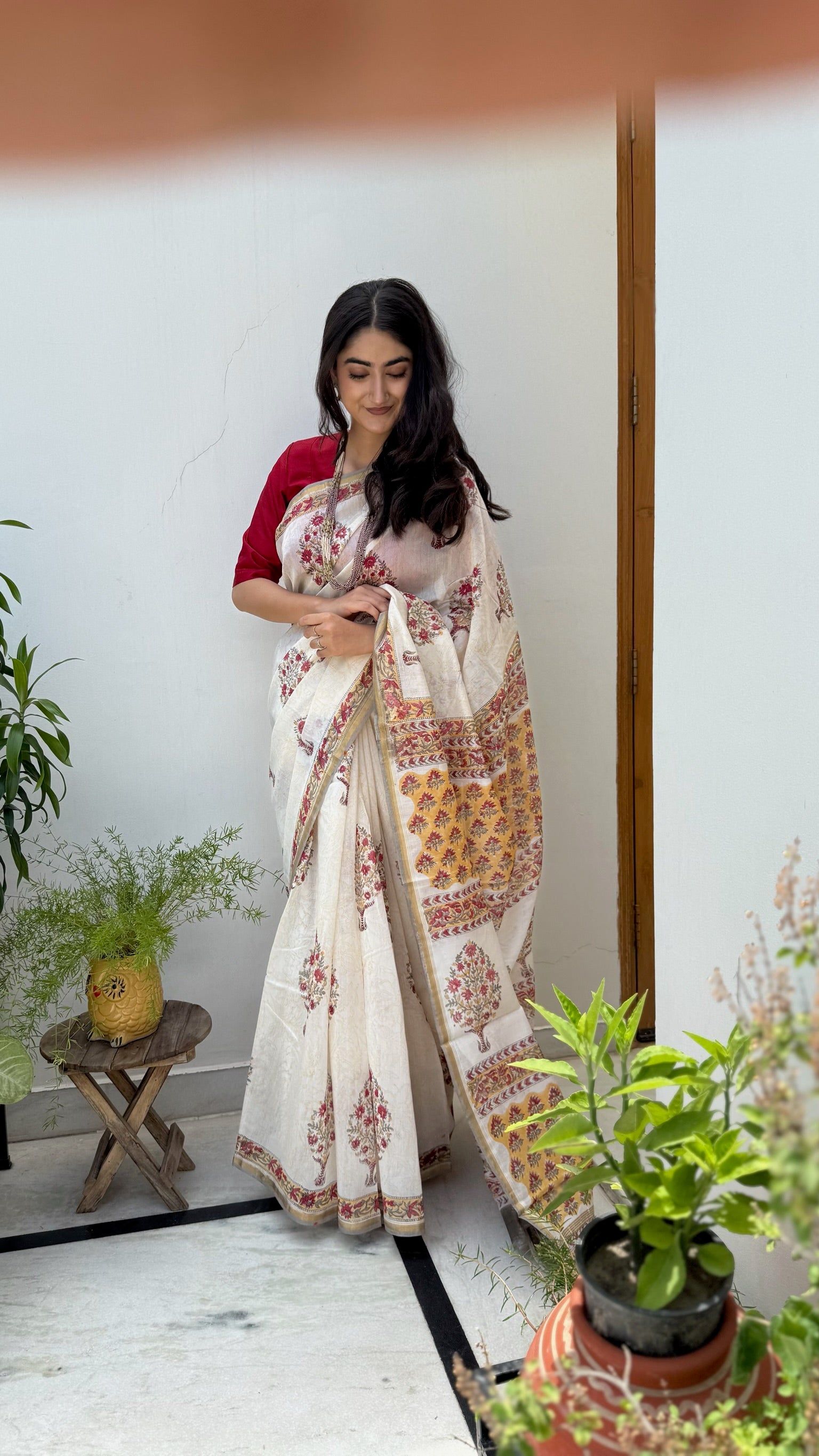 Cream & Marigold Motif Bagru Chanderi Saree