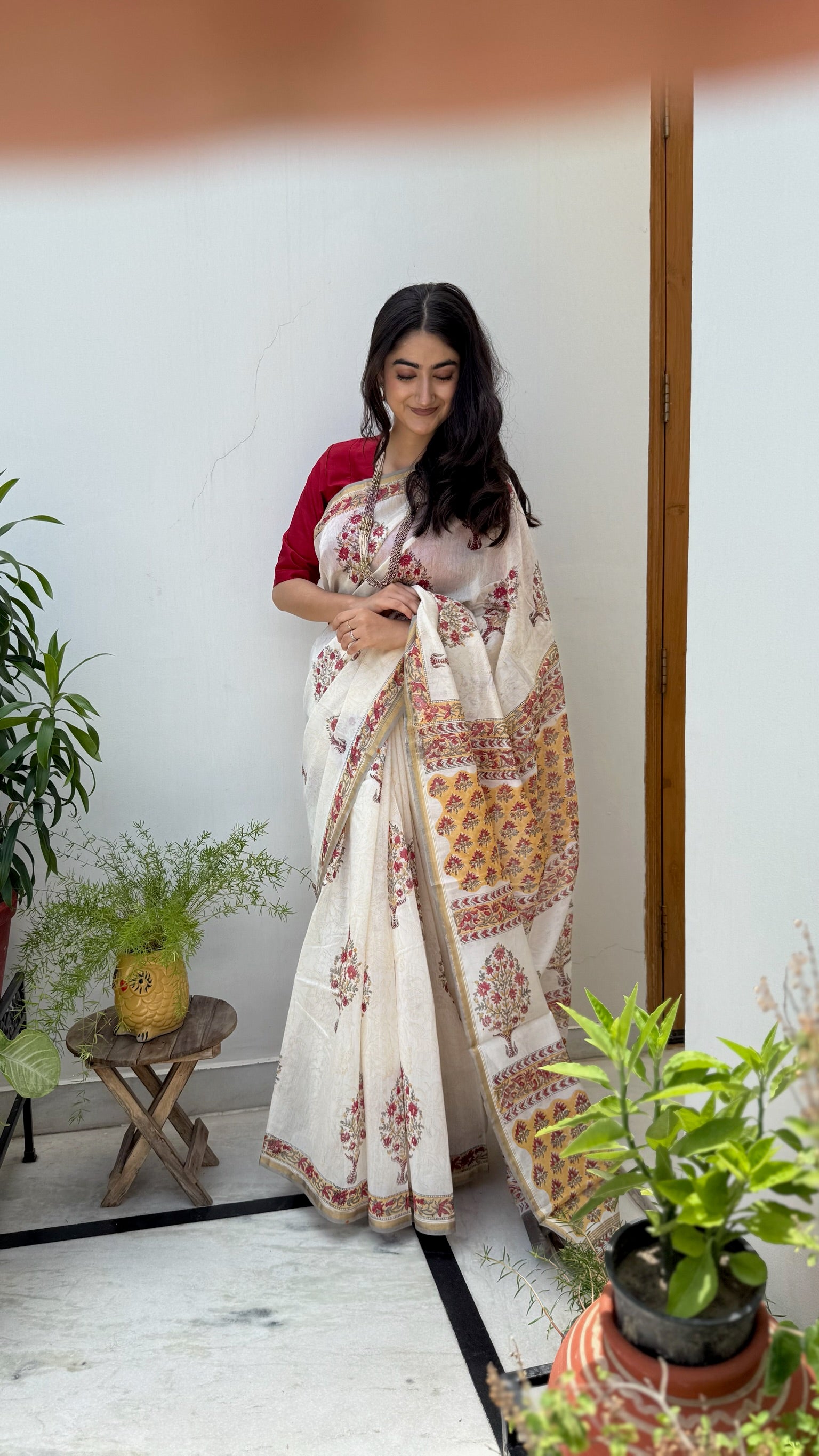 Cream & Marigold Motif Bagru Chanderi Saree