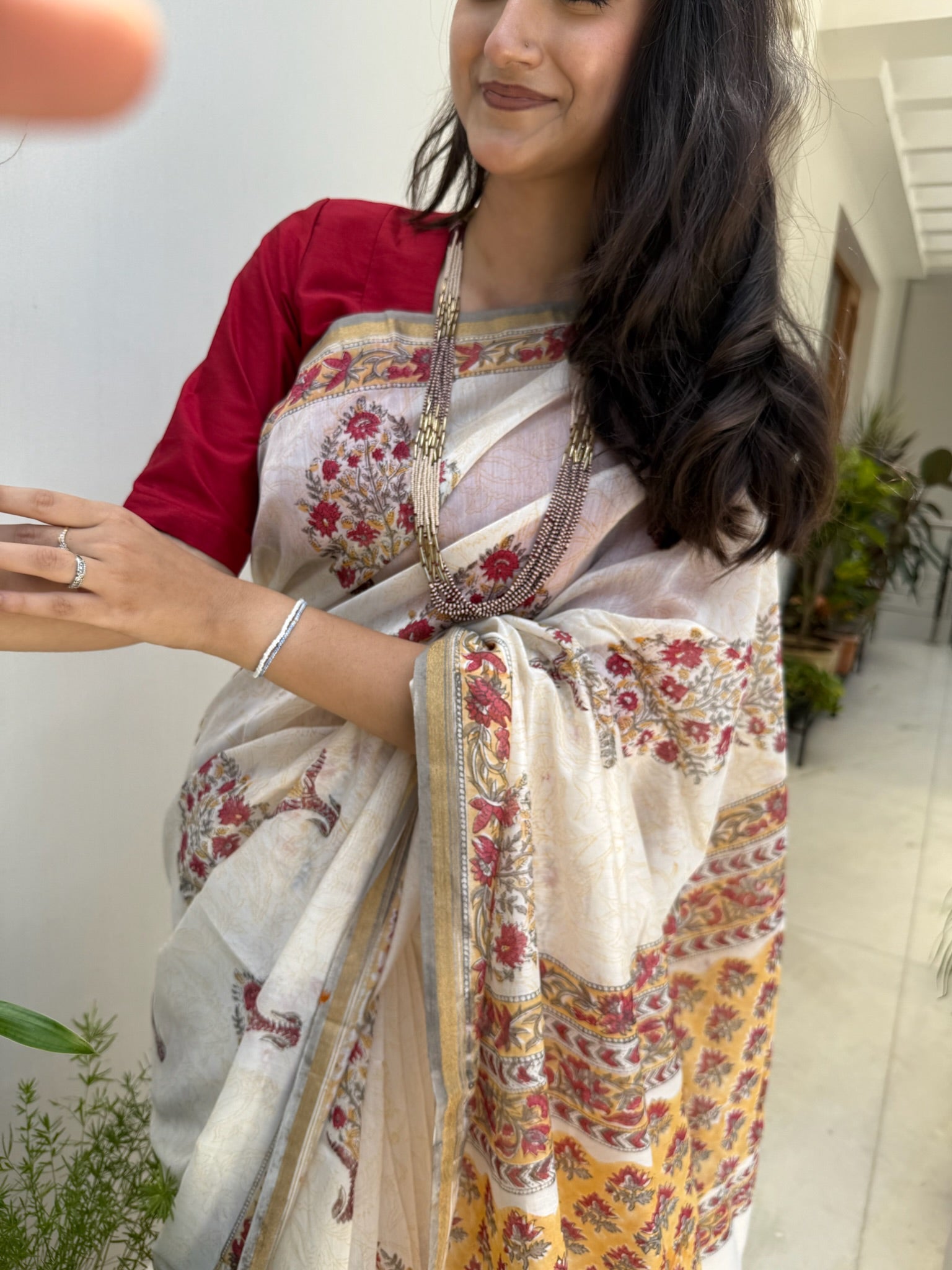 Cream & Marigold Motif Bagru Chanderi Saree