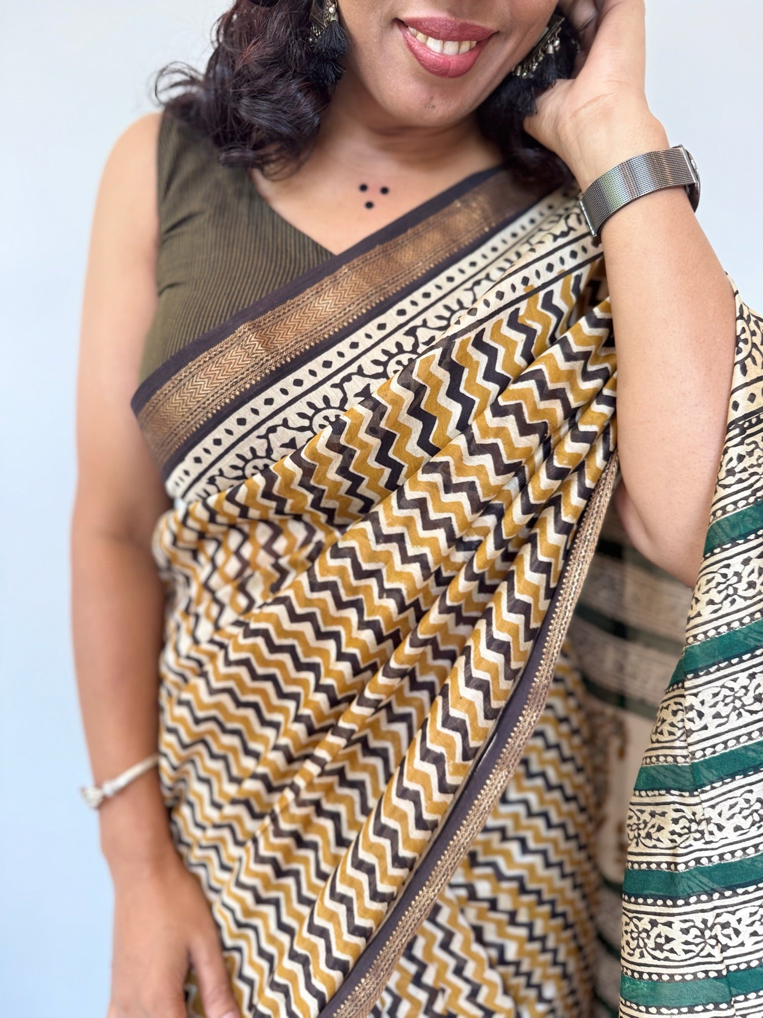 Golden Mustard Zigzag Hand Block Cotton Silk Maheshwari Saree