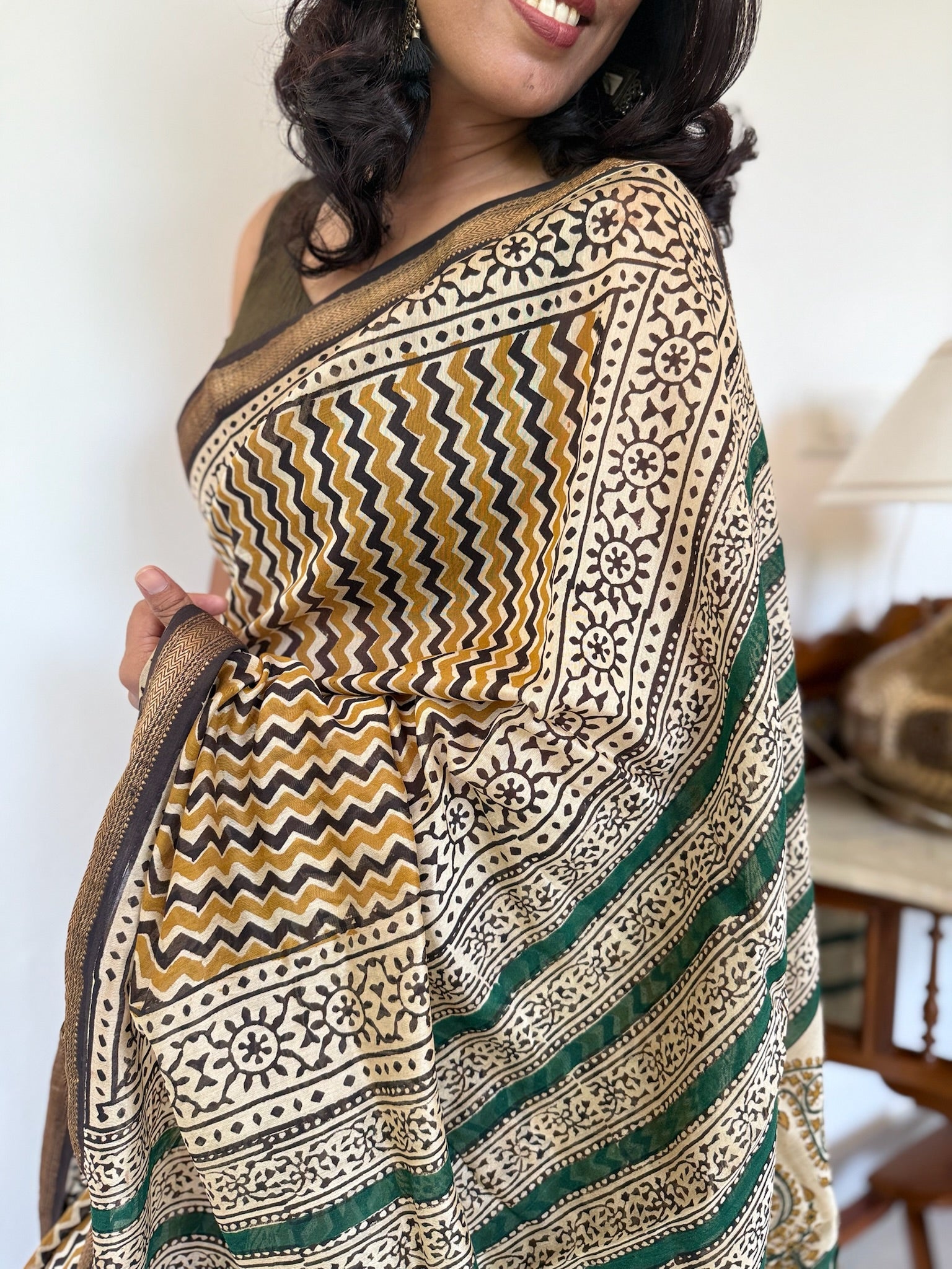 Golden Mustard Zigzag Hand Block Cotton Silk Maheshwari Saree
