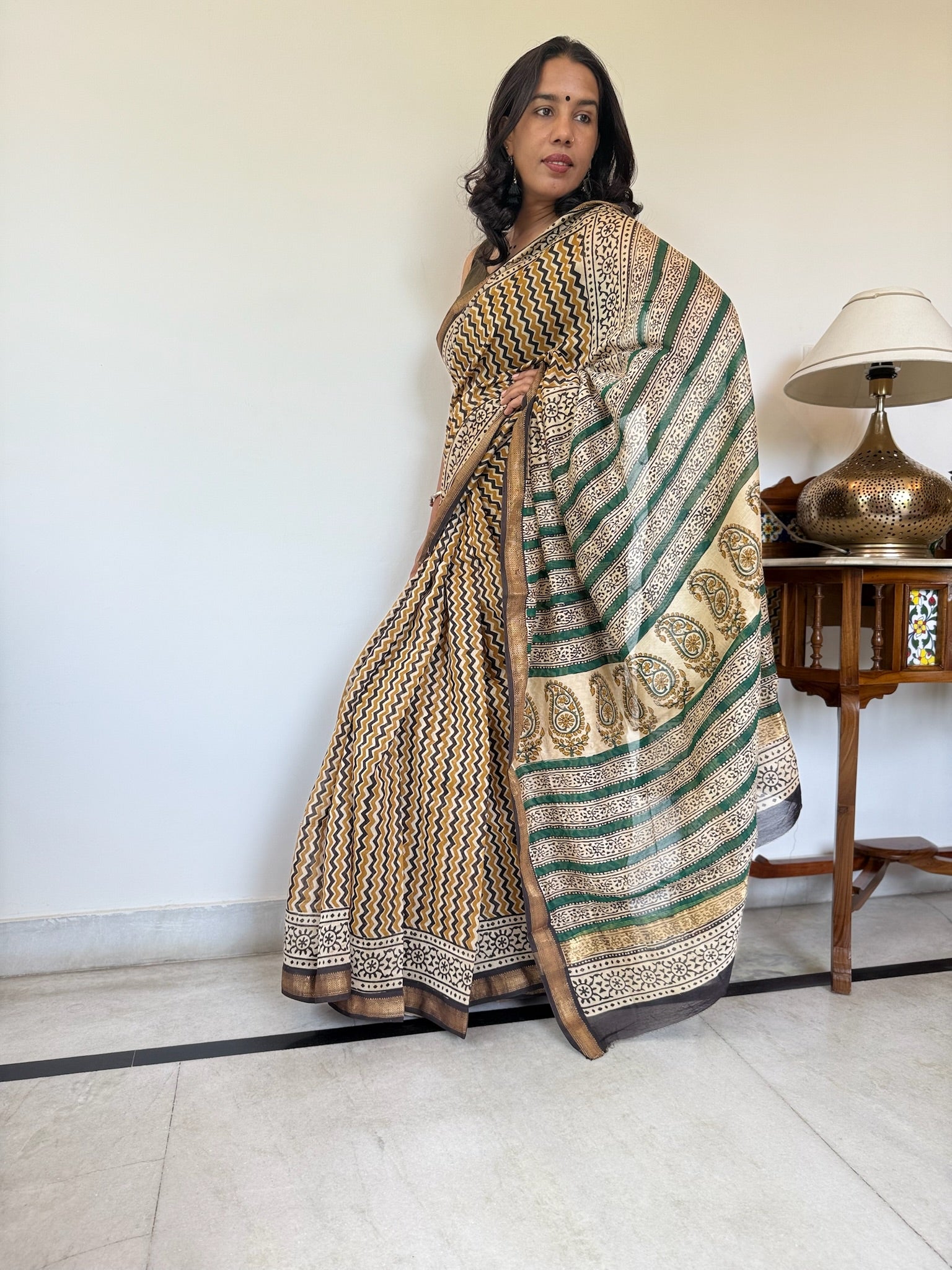 Golden Mustard Zigzag Hand Block Cotton Silk Maheshwari Saree