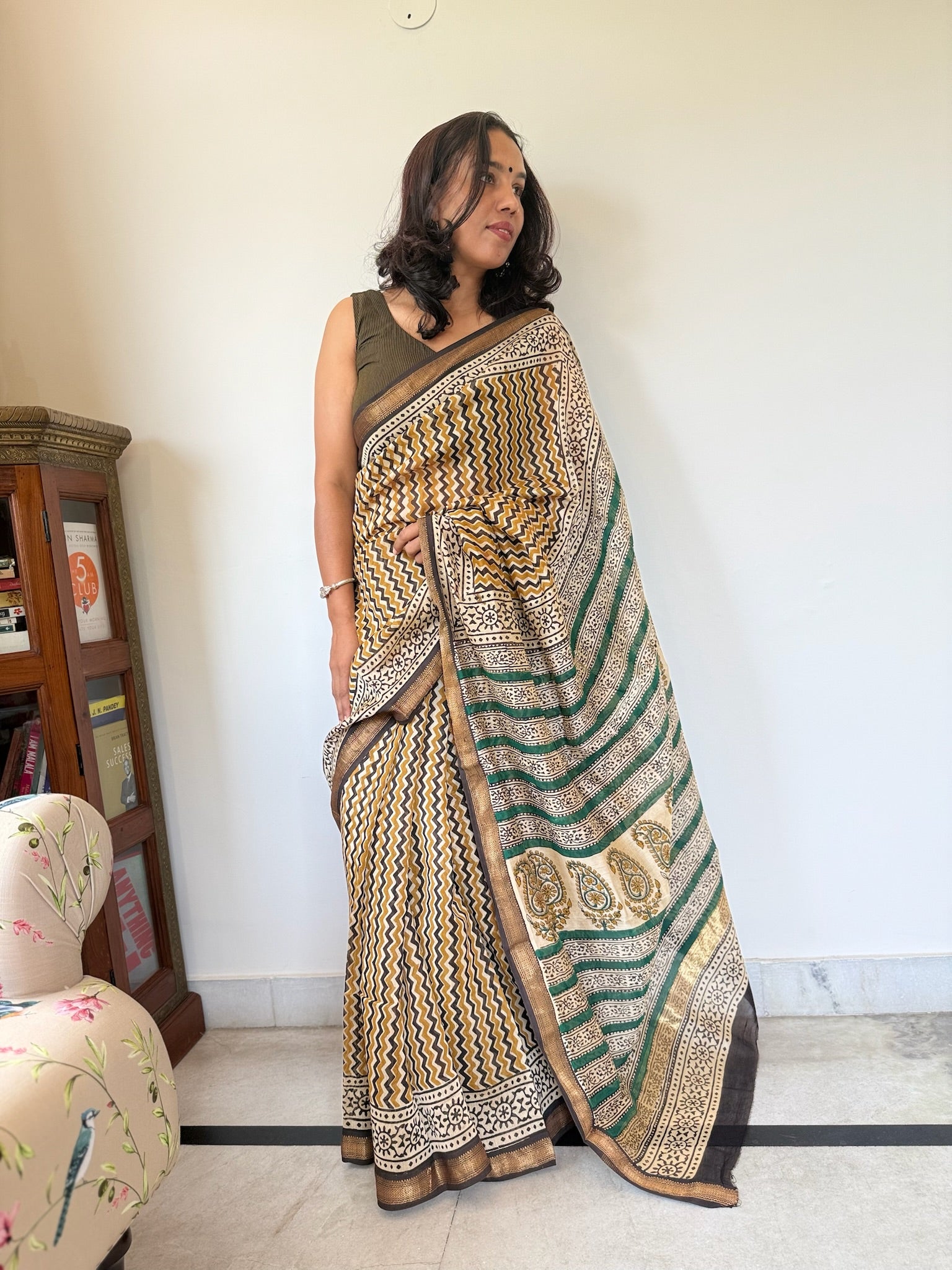 Golden Mustard Zigzag Hand Block Cotton Silk Maheshwari Saree