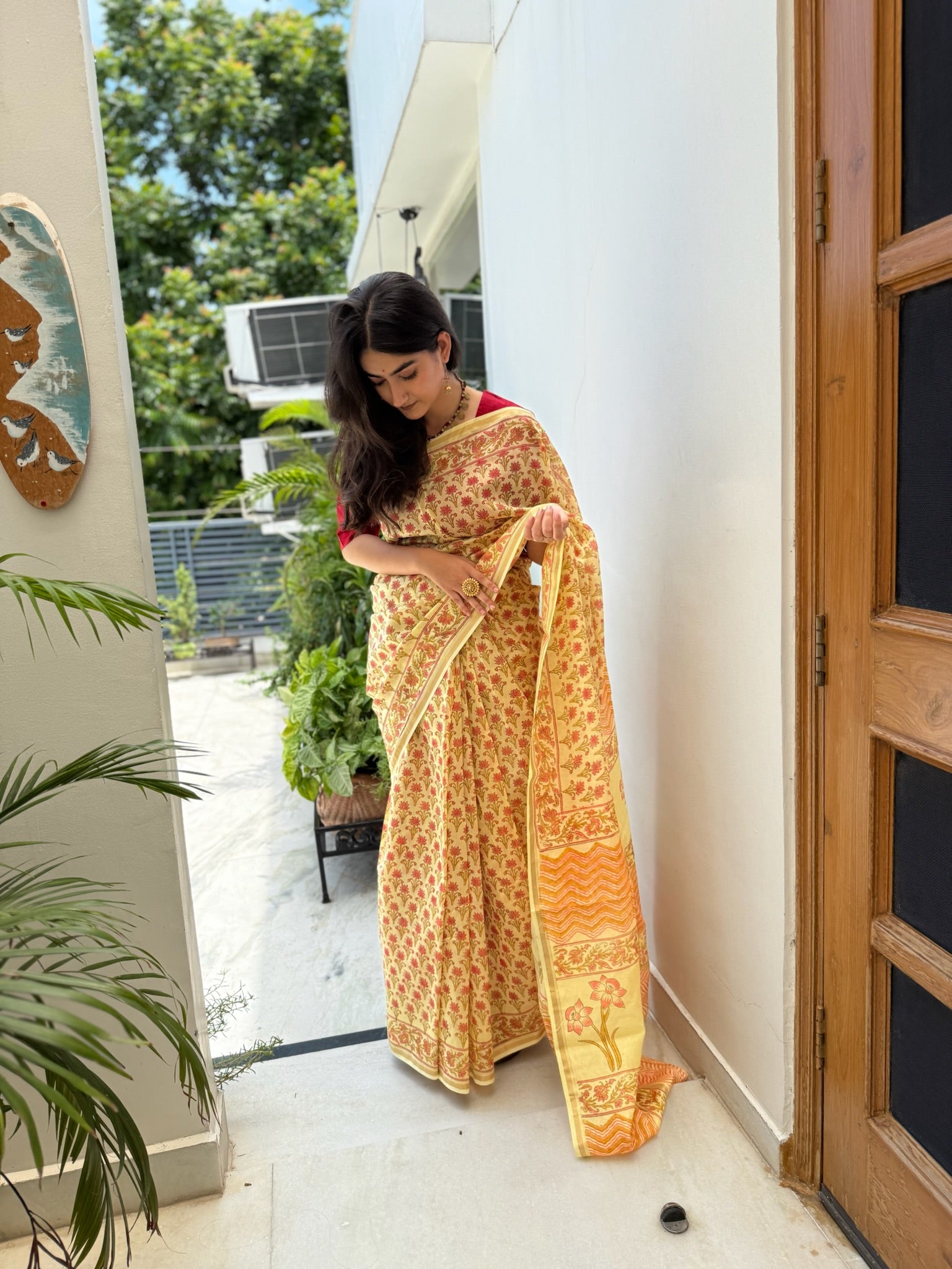 Sunflower Yellow & Apricot Panel Bagru Chanderi Saree