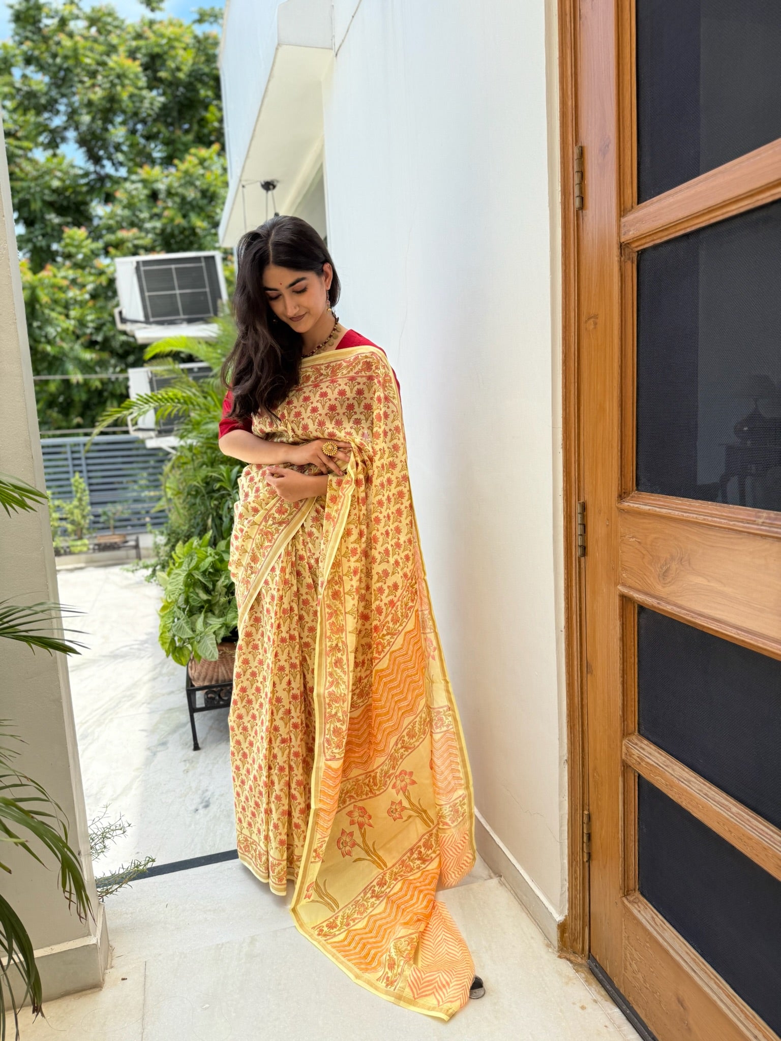 Sunflower Yellow & Apricot Panel Bagru Chanderi Saree