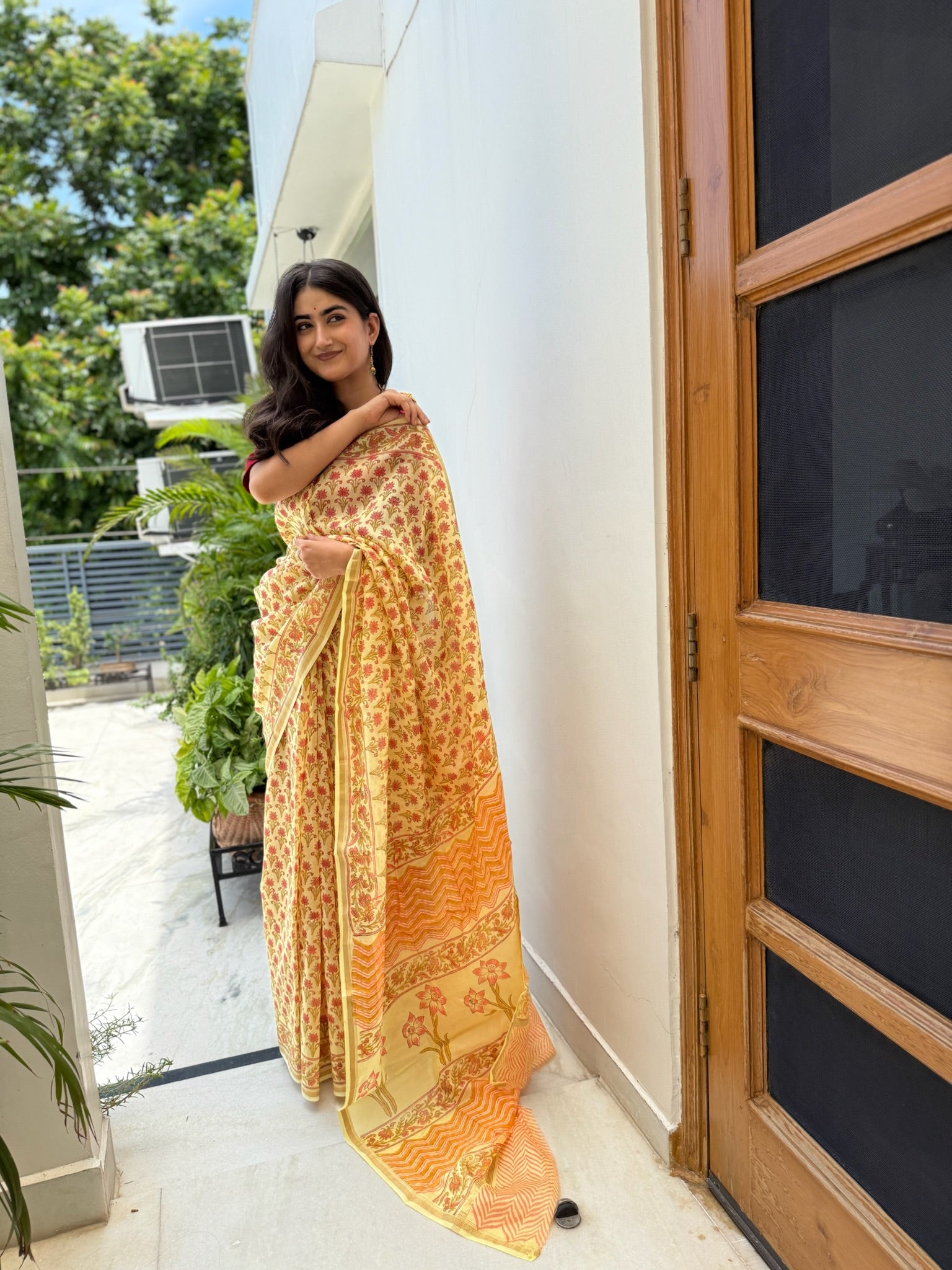 Sunflower Yellow & Apricot Panel Bagru Chanderi Saree