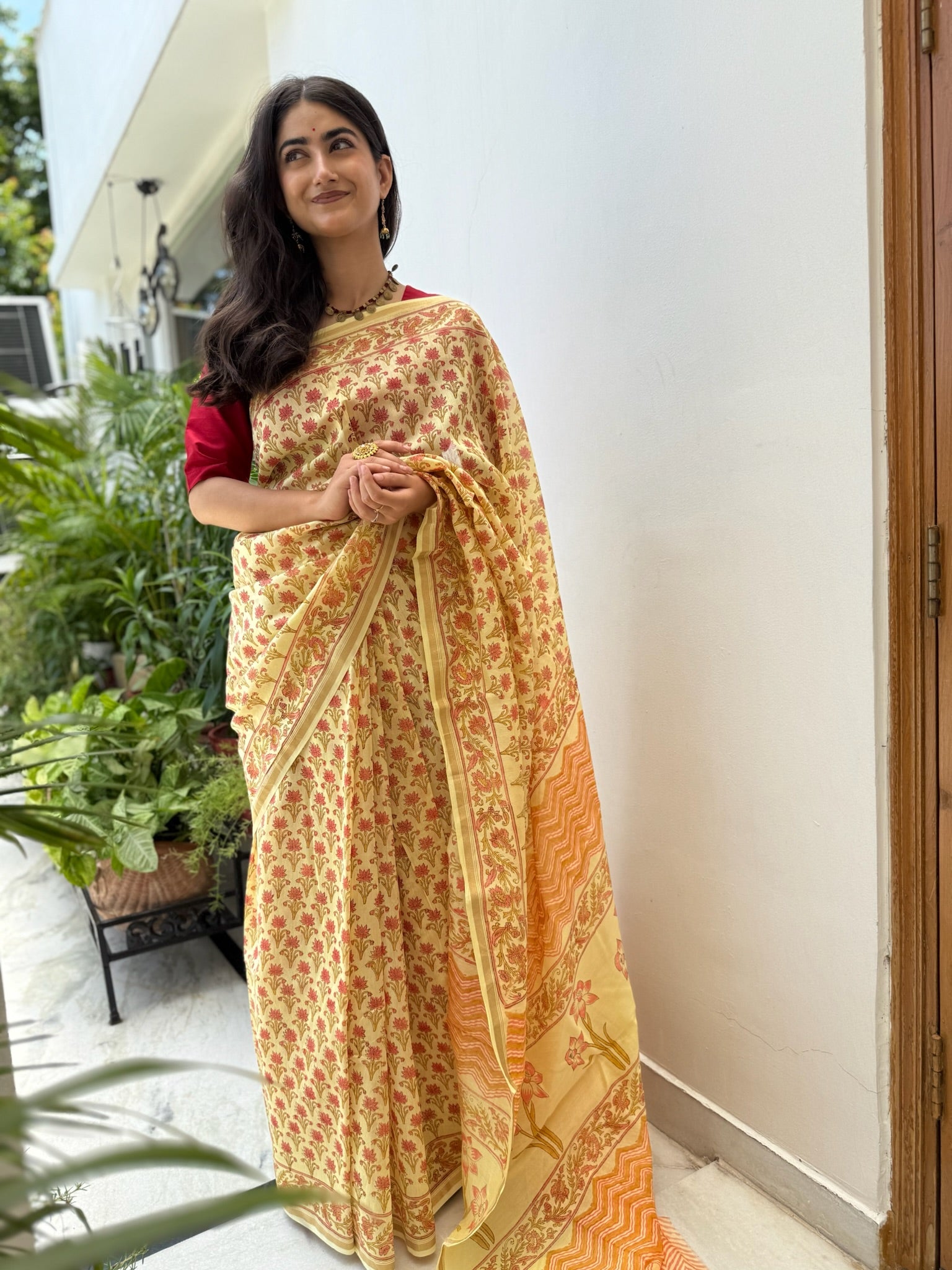 Sunflower Yellow & Apricot Panel Bagru Chanderi Saree