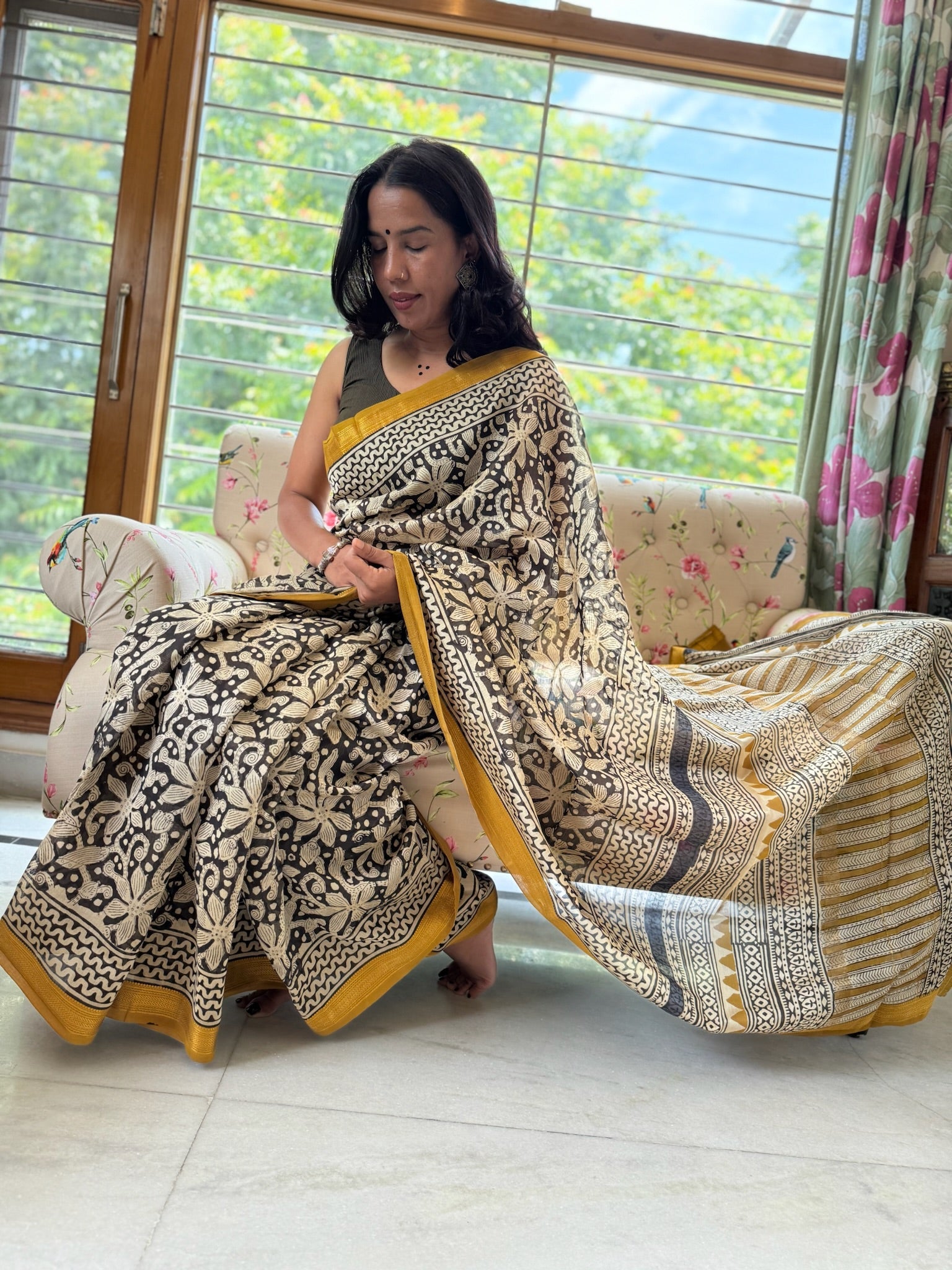 Golden Marigold and black  Block Print Cotton Silk Maheshwari Saree