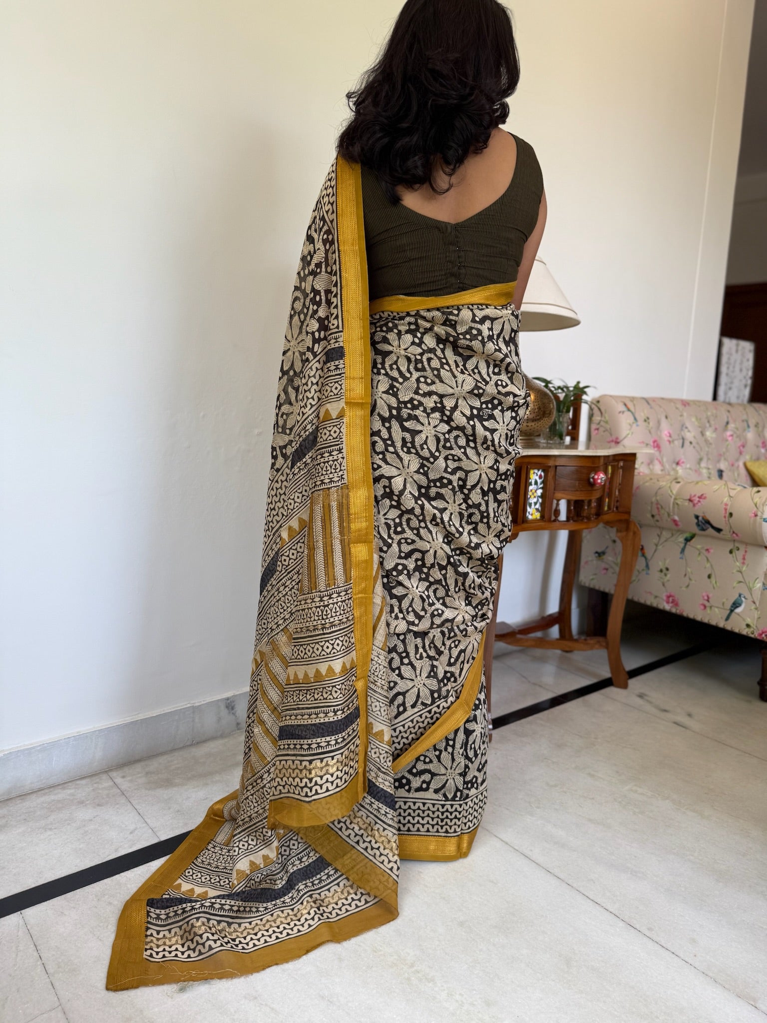 Golden Marigold and black  Block Print Cotton Silk Maheshwari Saree