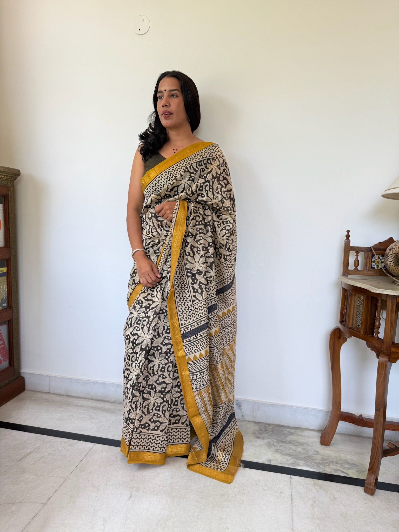 Golden Marigold and black  Block Print Cotton Silk Maheshwari Saree