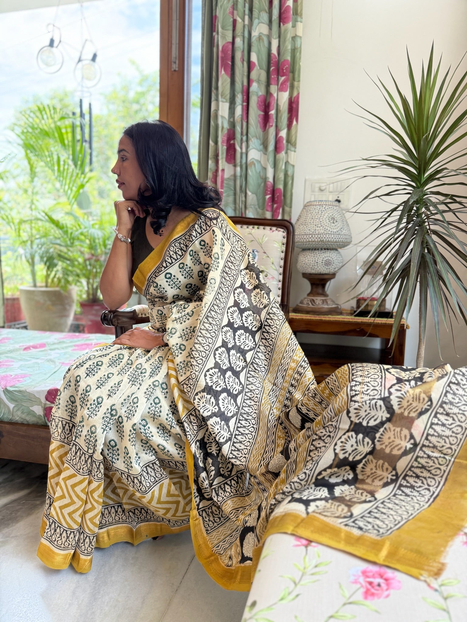 Golden Marigold and black  Block Print Cotton Silk Maheshwari Saree