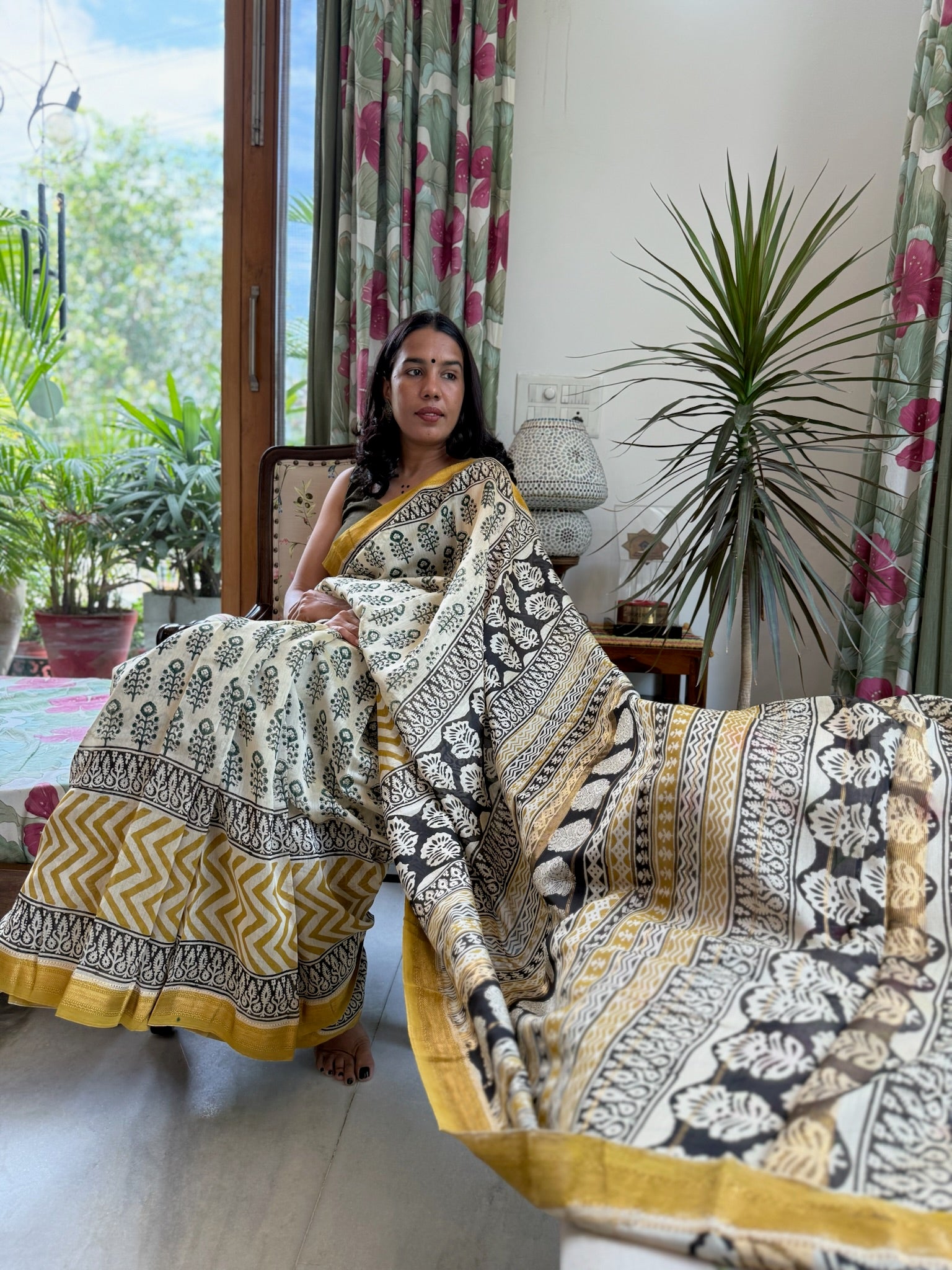 Golden Marigold and black  Block Print Cotton Silk Maheshwari Saree