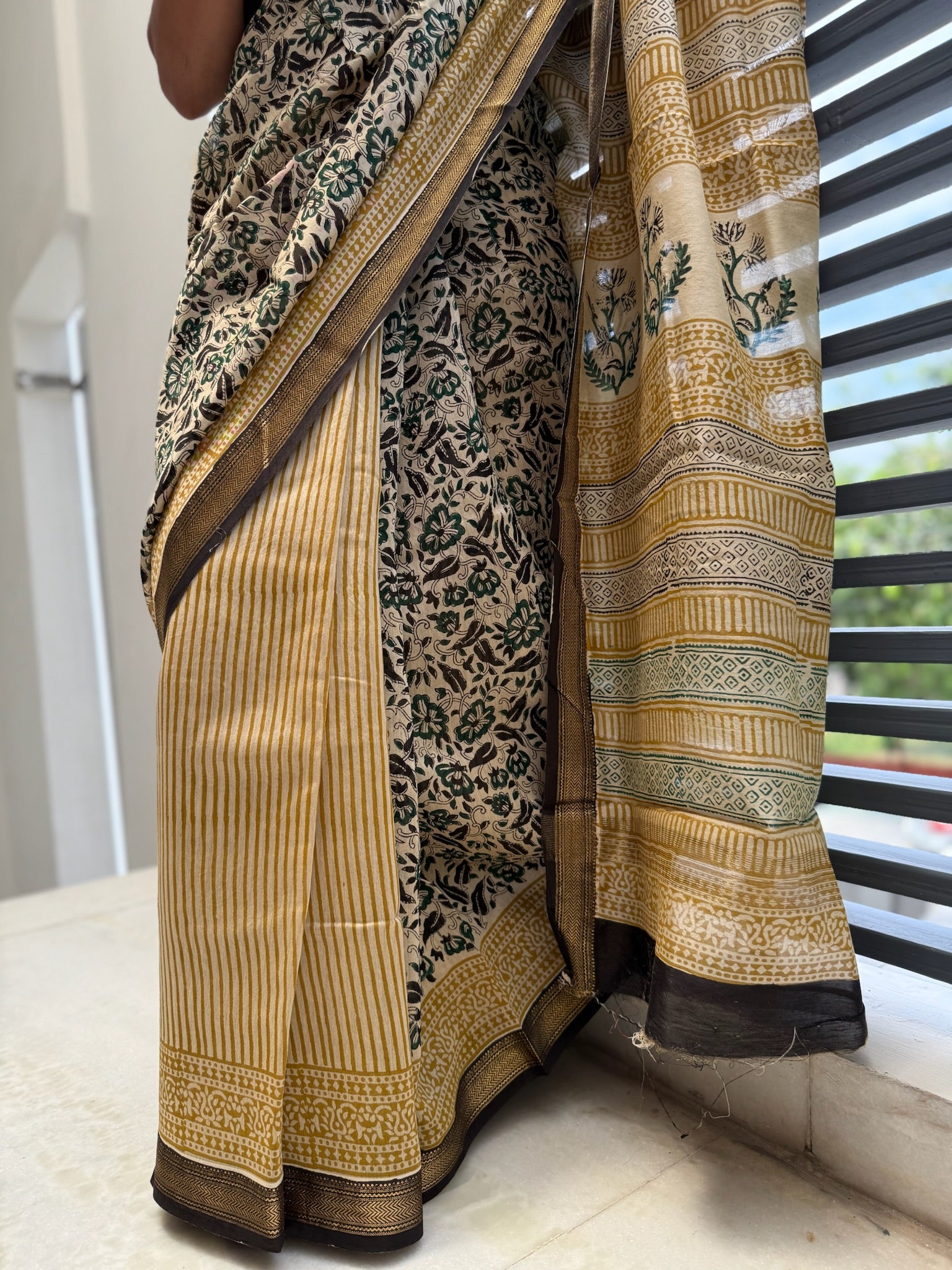 Olive Beige with Black Floral Cotton Silk Maheshwari Saree