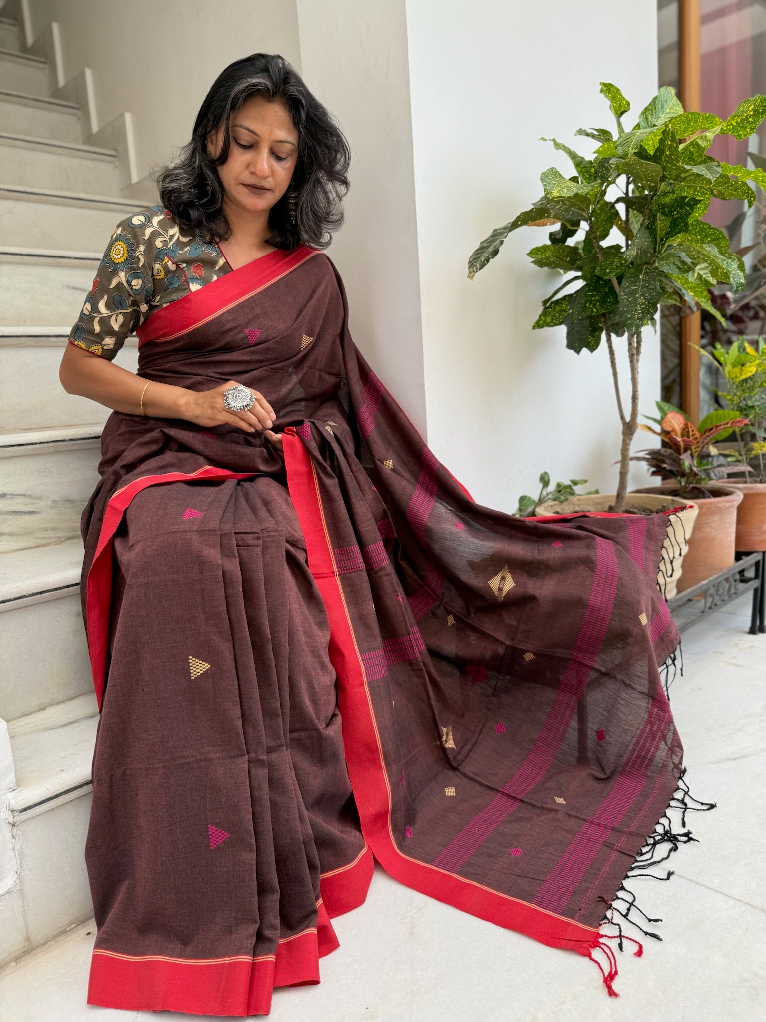 Elegant Chocolate Brown Cotton Saree with Gold handwoven Motifs