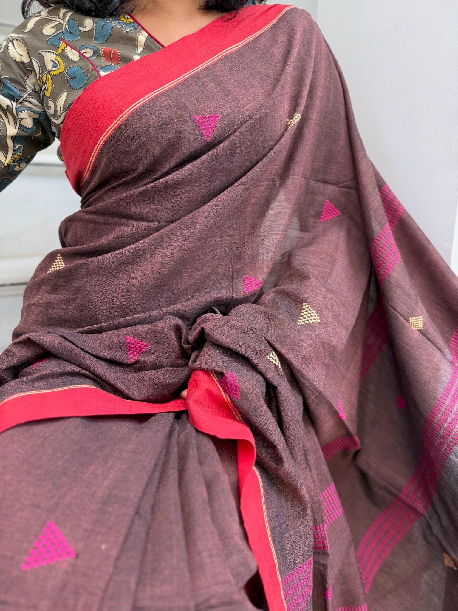 Elegant Chocolate Brown Cotton Saree with Gold handwoven Motifs
