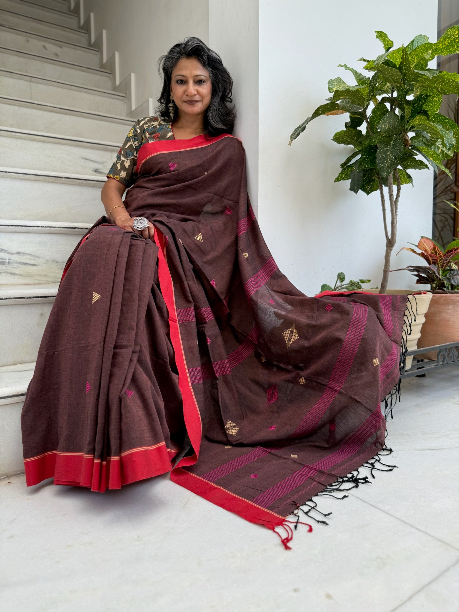 Elegant Chocolate Brown Cotton Saree with Gold handwoven Motifs