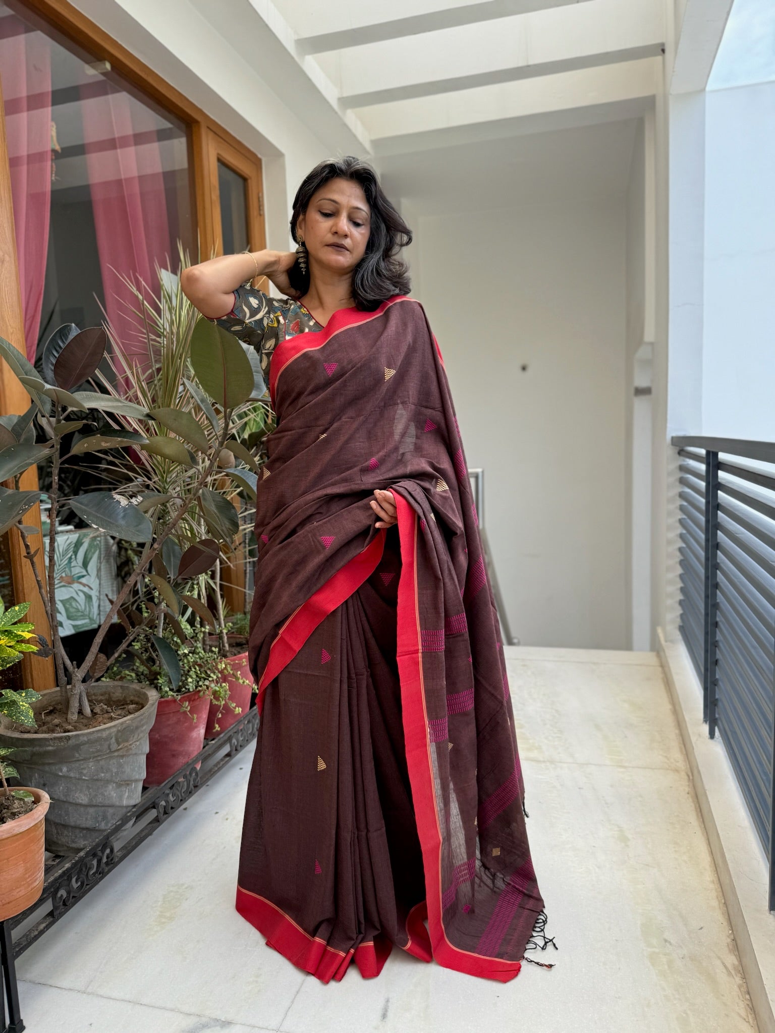 Elegant Chocolate Brown Cotton Saree with Gold handwoven Motifs