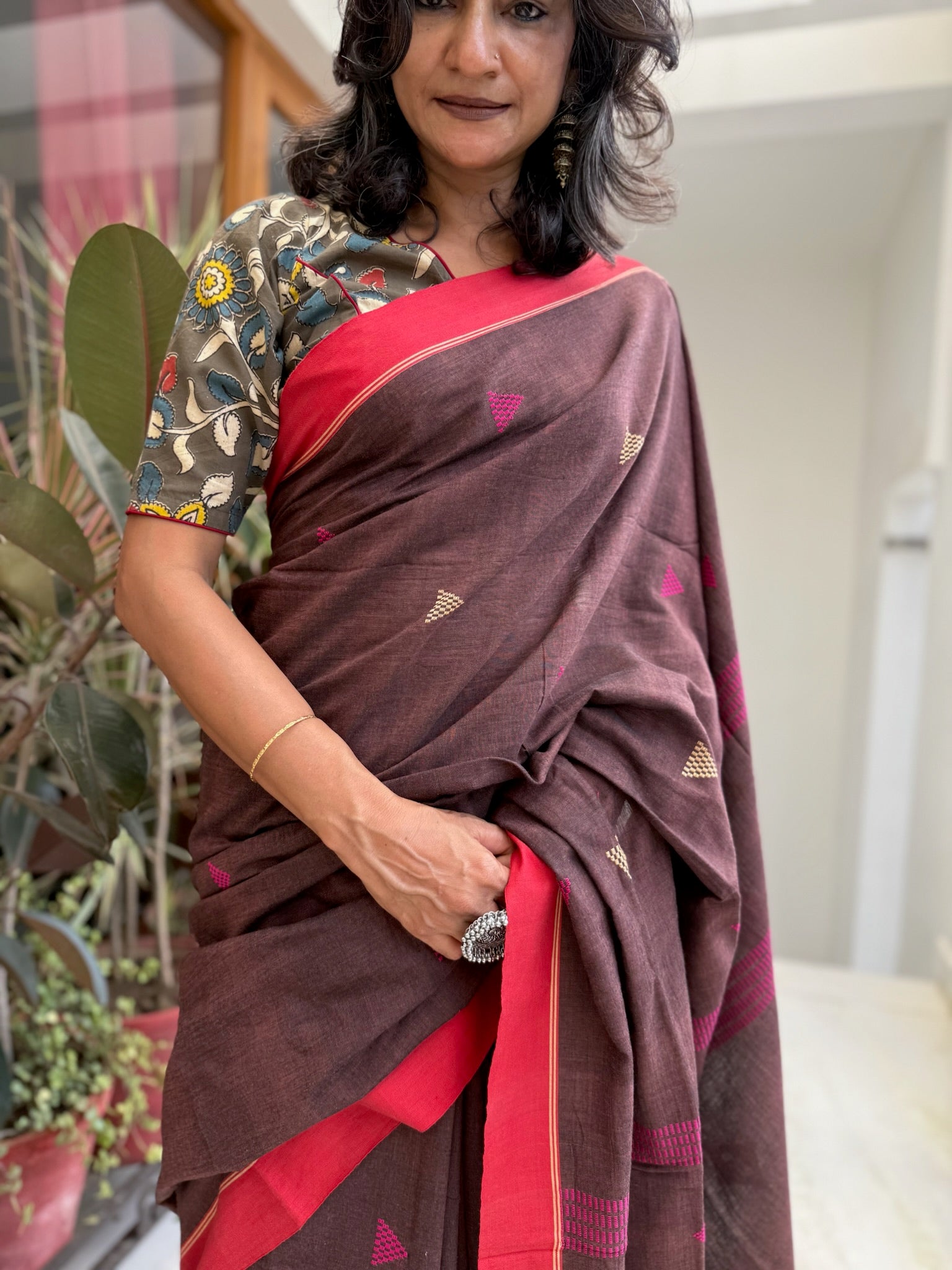 Elegant Chocolate Brown Cotton Saree with Gold handwoven Motifs