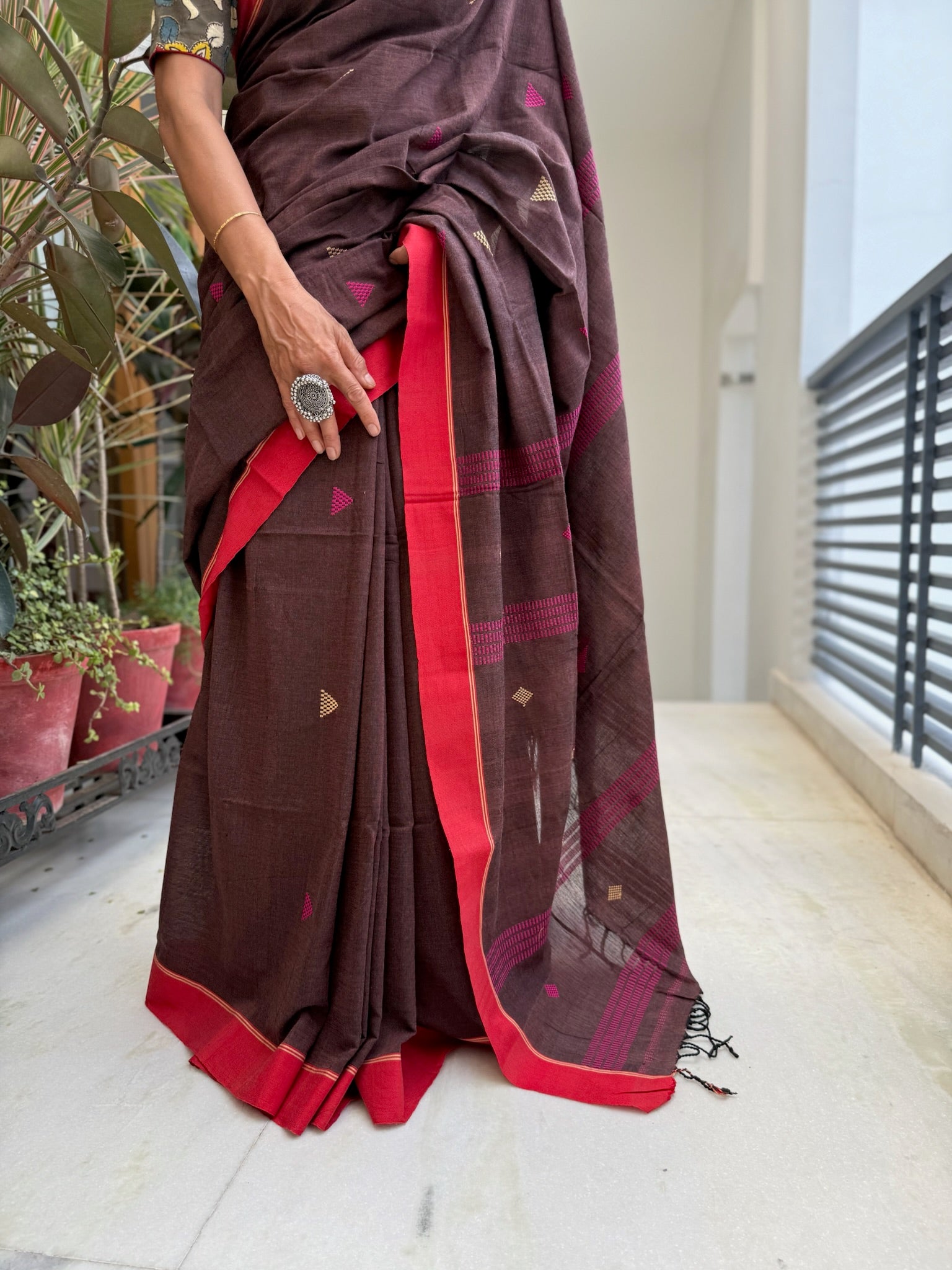 Elegant Chocolate Brown Cotton Saree with Gold handwoven Motifs