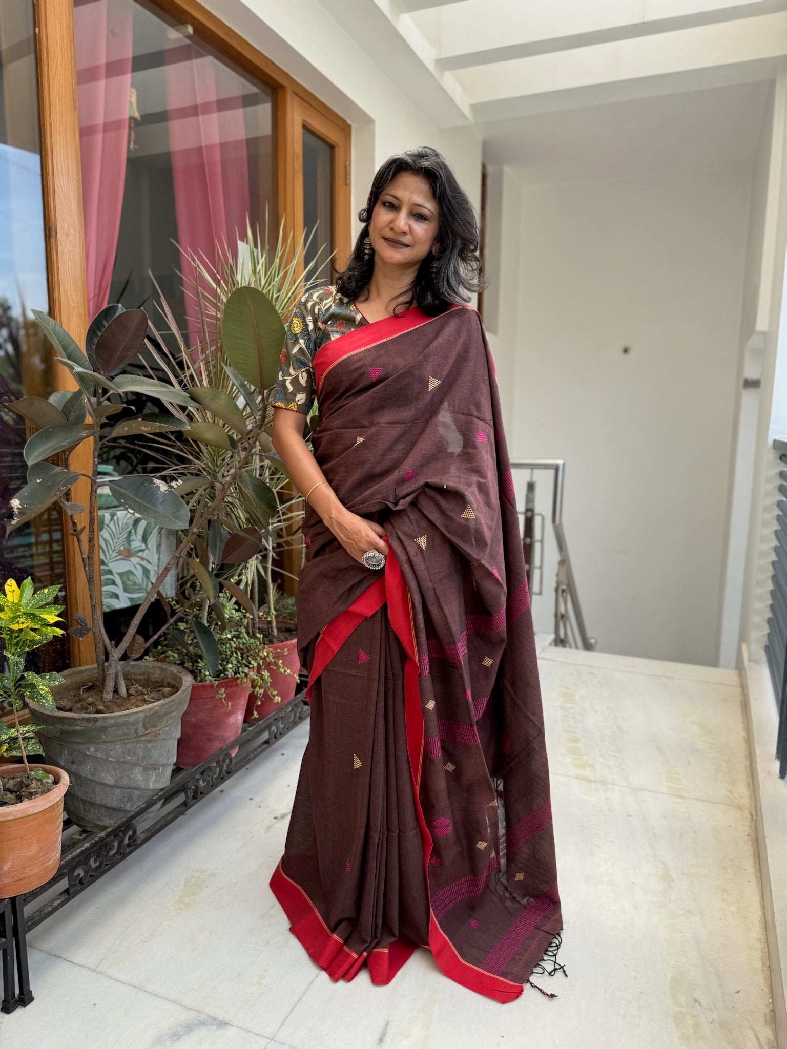 Elegant Chocolate Brown Cotton Saree with Gold handwoven Motifs