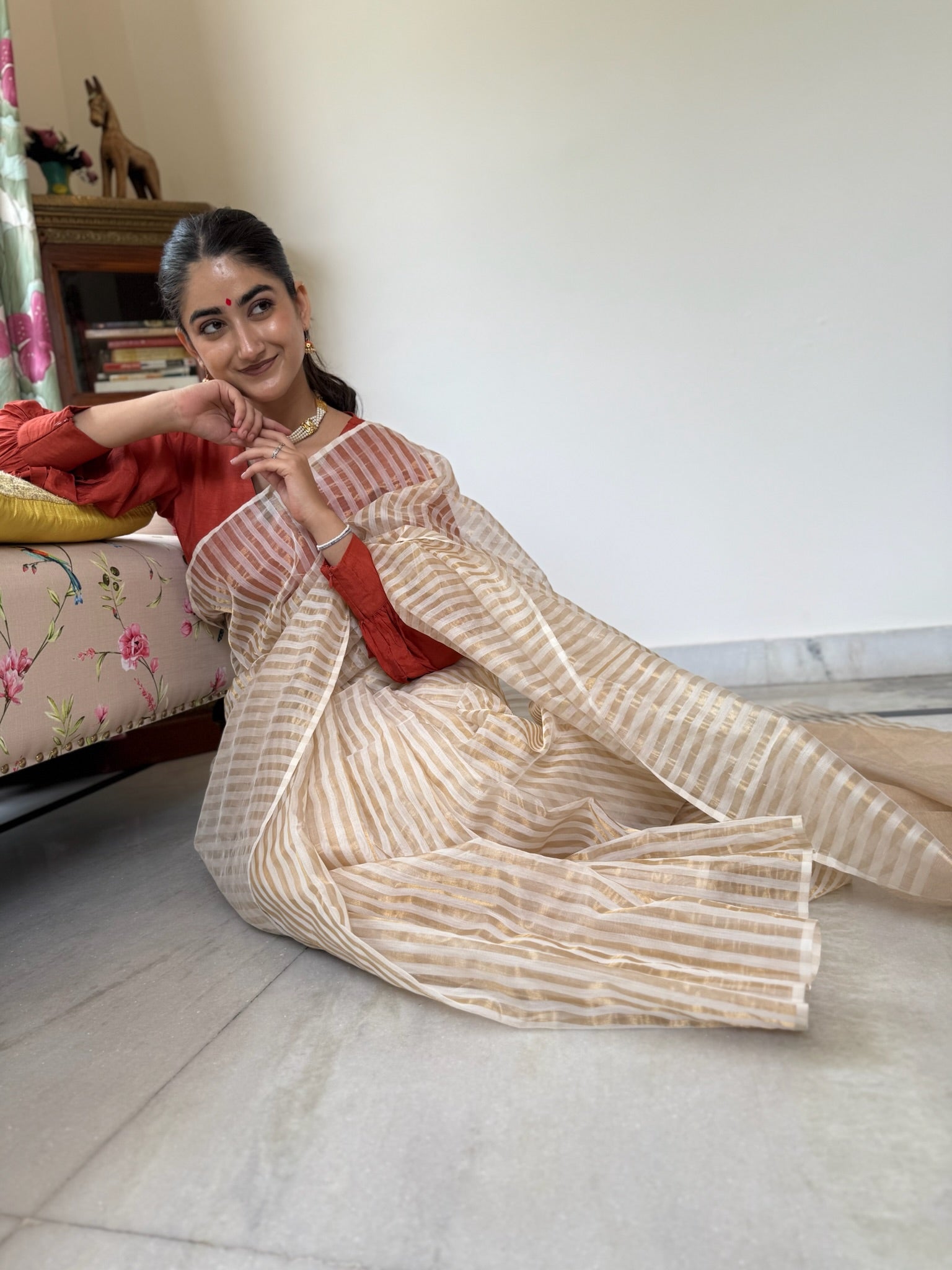 Offwhite Golden Zari Handwoven Pure Silk Chanderi Saree