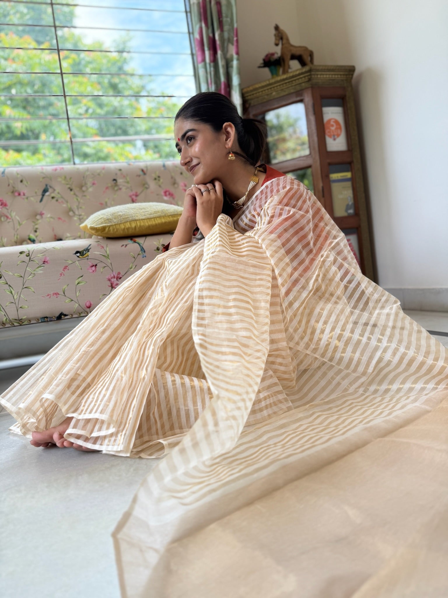 Offwhite Golden Zari Handwoven Pure Silk Chanderi Saree