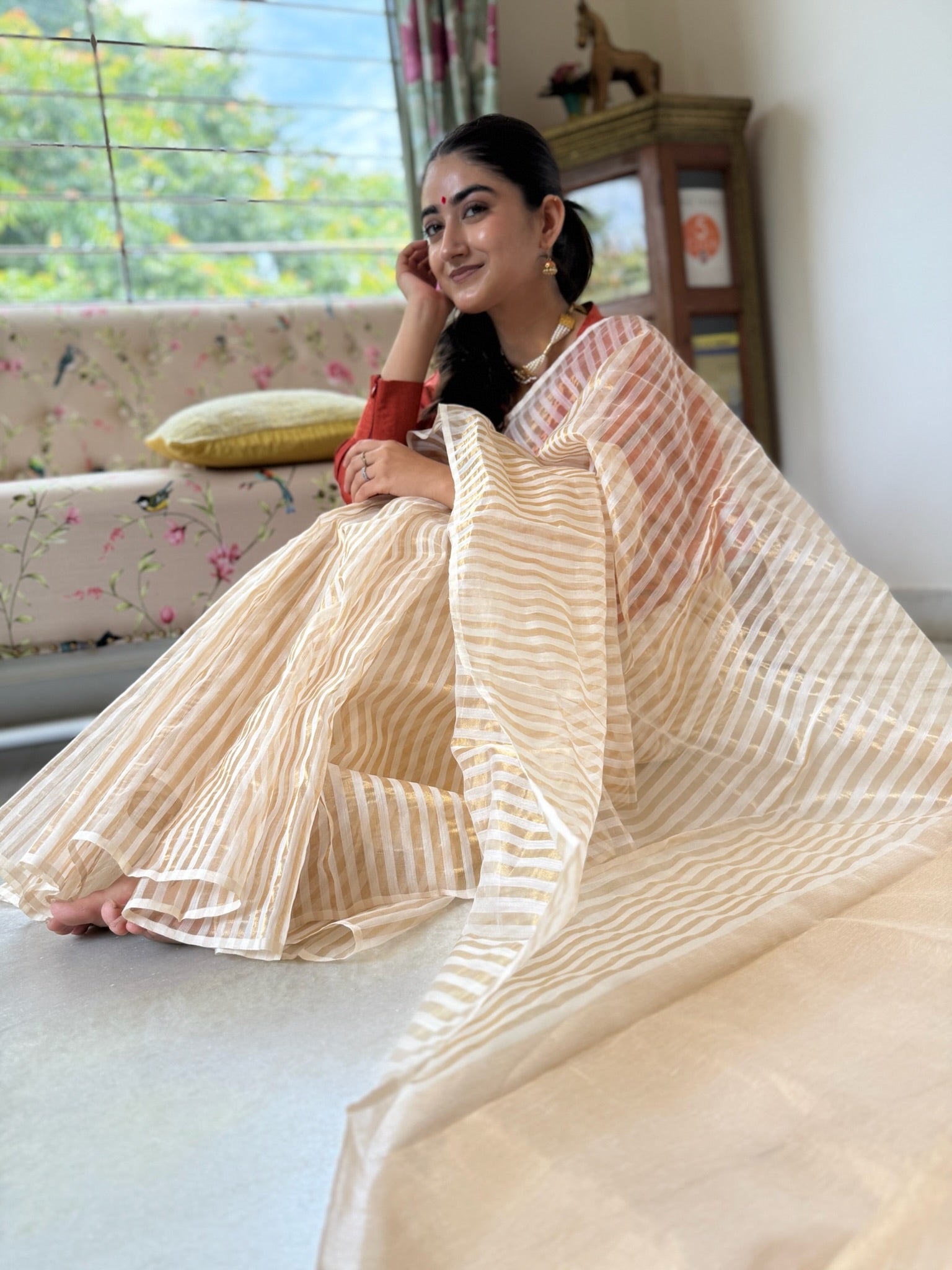 Offwhite Golden Zari Handwoven Pure Silk Chanderi Saree