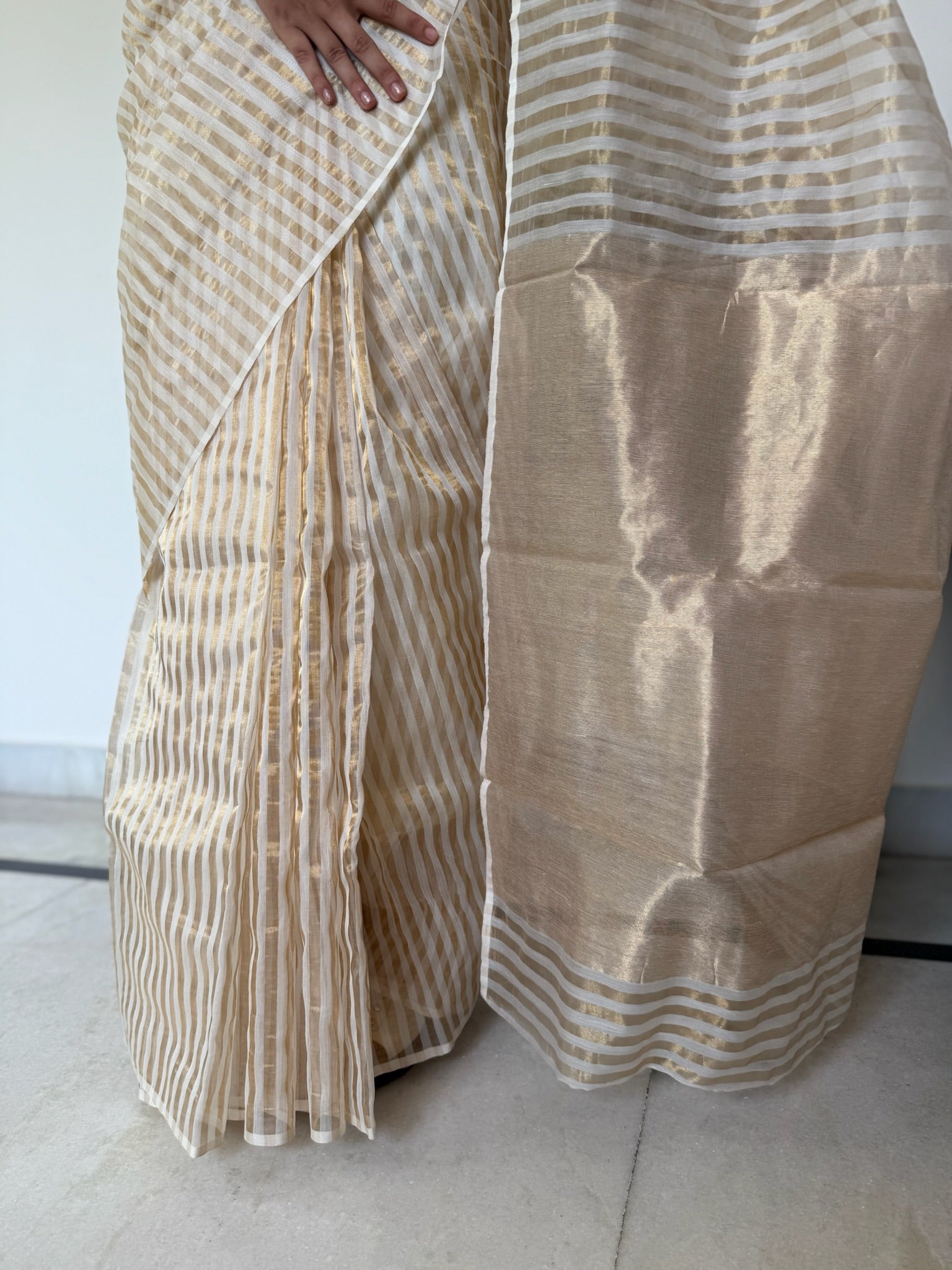 Offwhite Golden Zari Handwoven Pure Silk Chanderi Saree