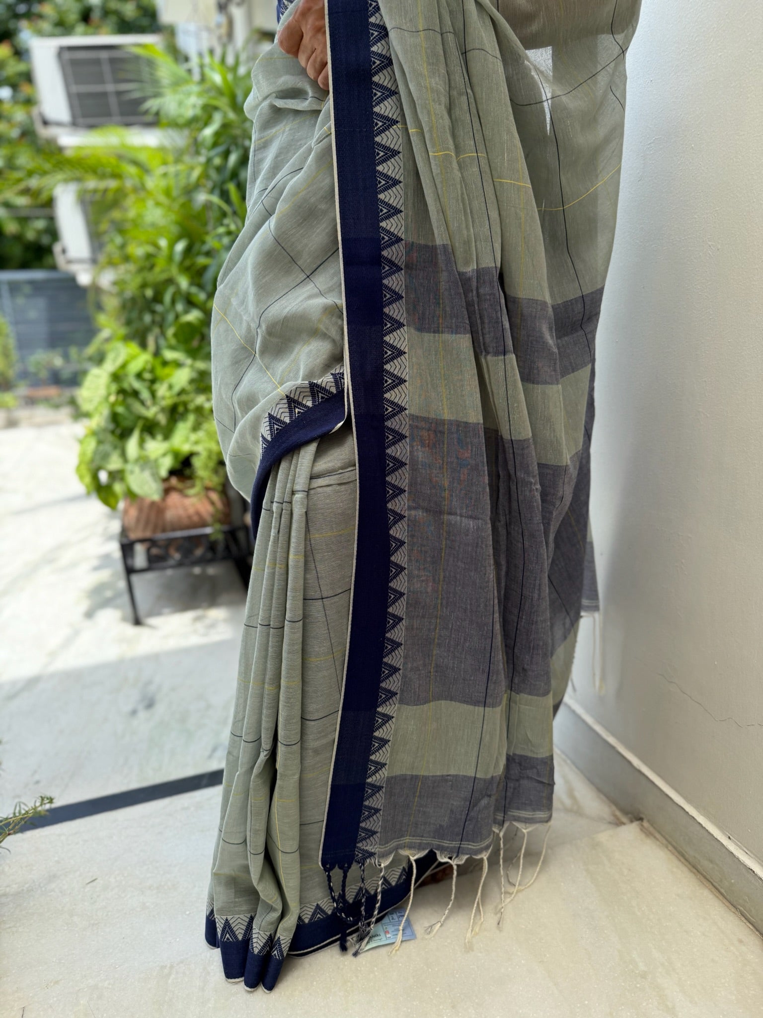 Elegant blue Cotton Saree with check and temple border