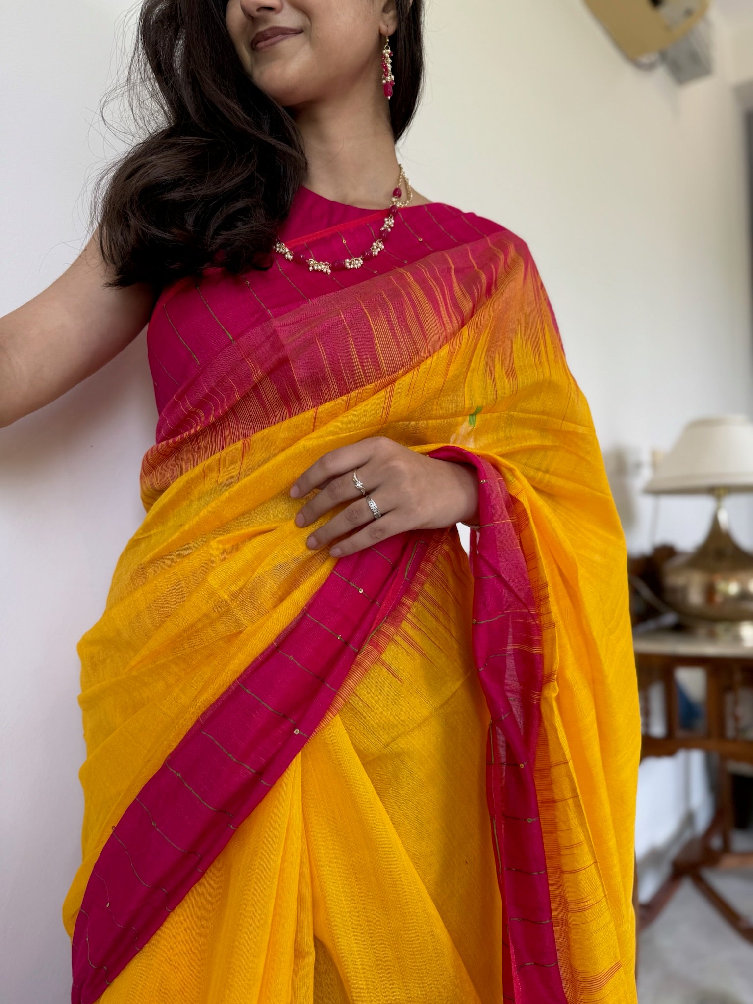 Luminous Yellow Pink Handwoven Bengal Silk Saree