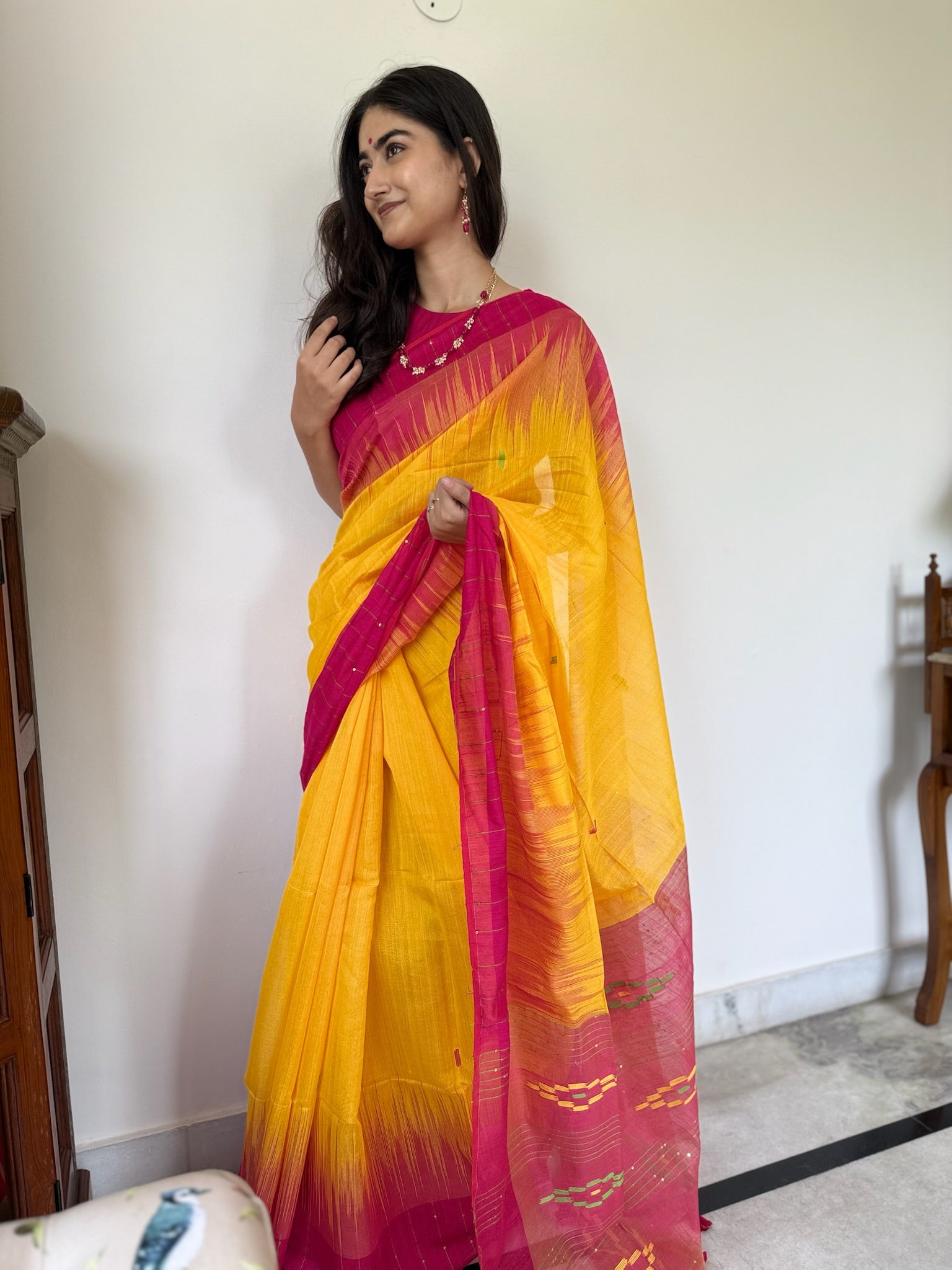 Luminous Yellow Pink Handwoven Bengal Silk Saree