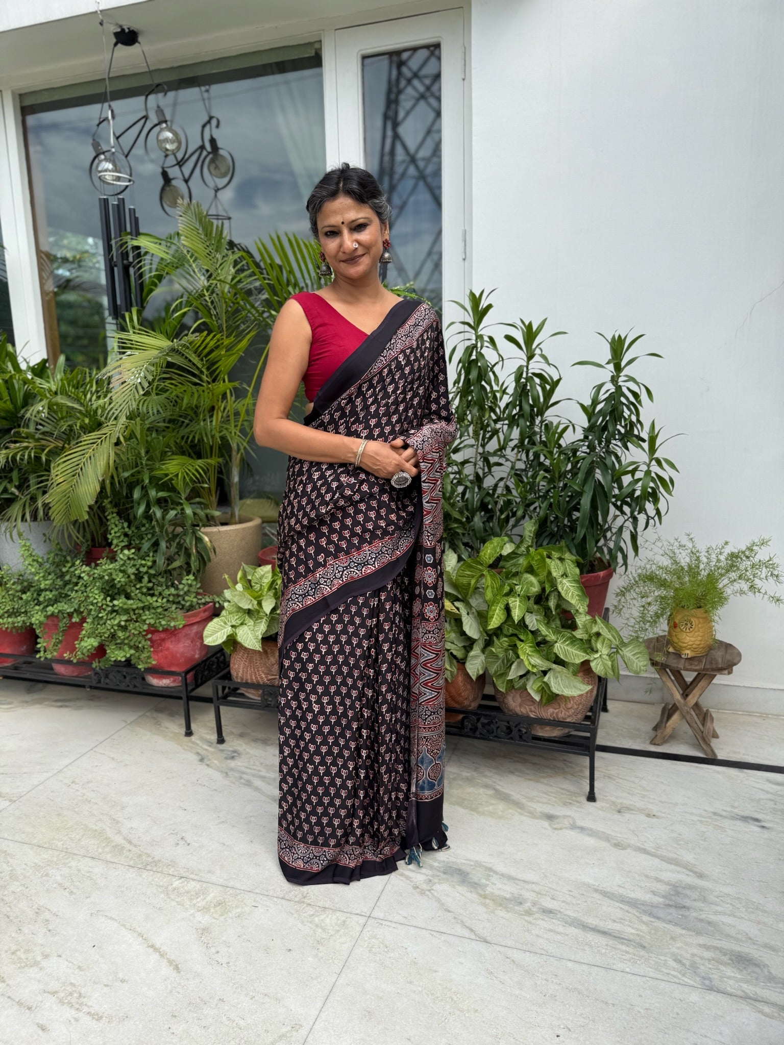 Black Kashish Hand Block Ajrakh Modal Silk Saree