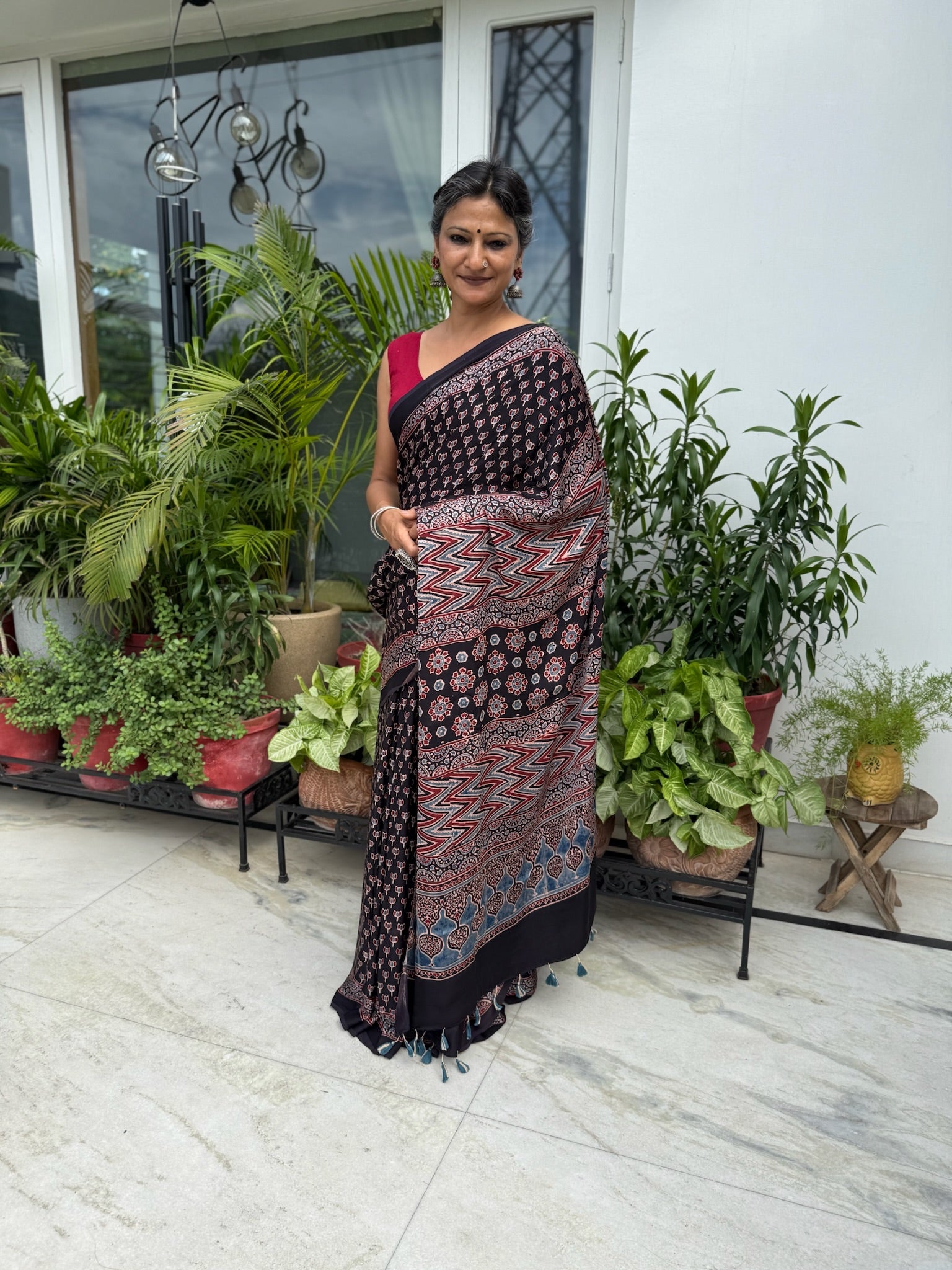 Black Kashish Hand Block Ajrakh Modal Silk Saree