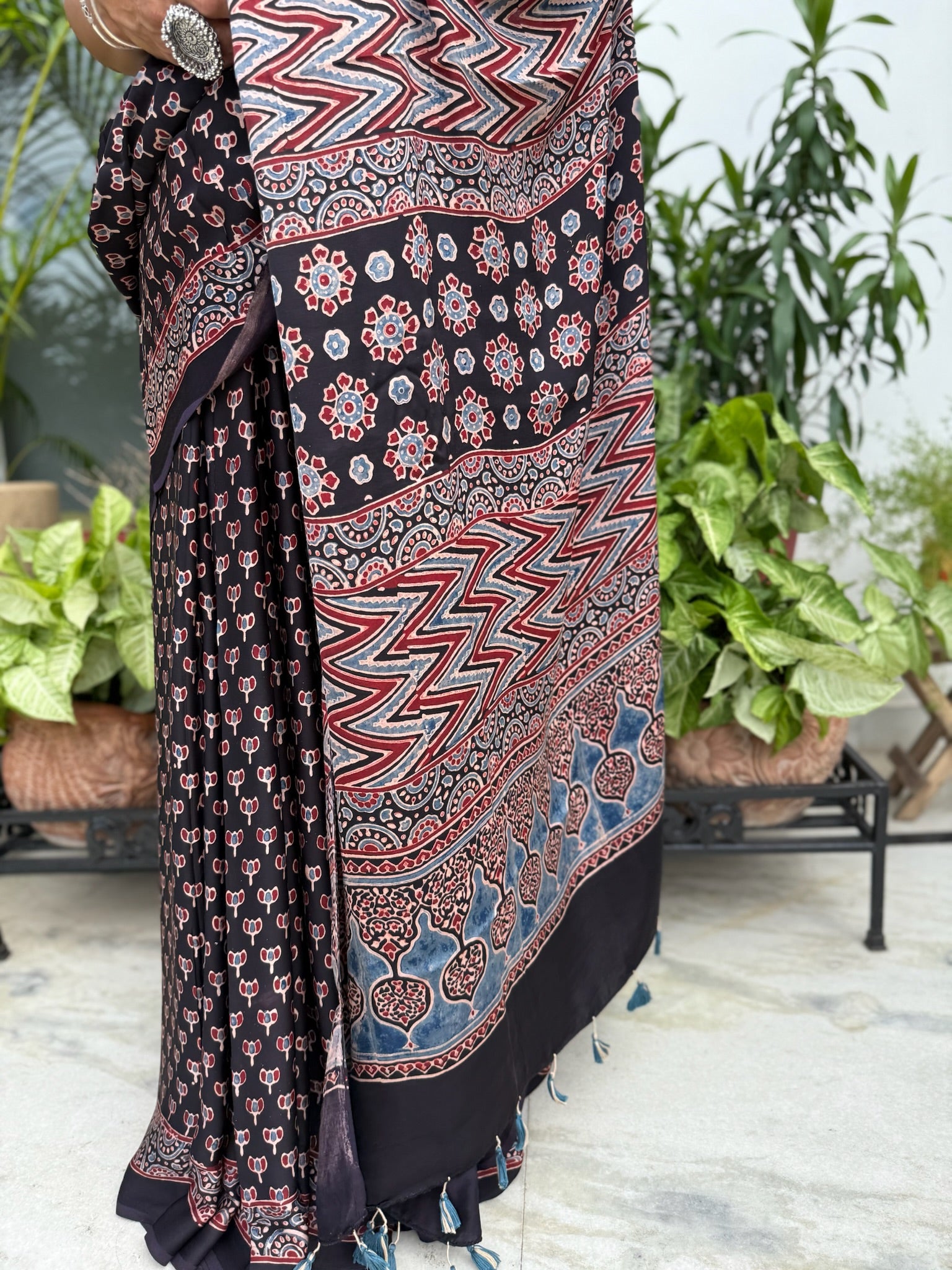 Black Kashish Hand Block Ajrakh Modal Silk Saree