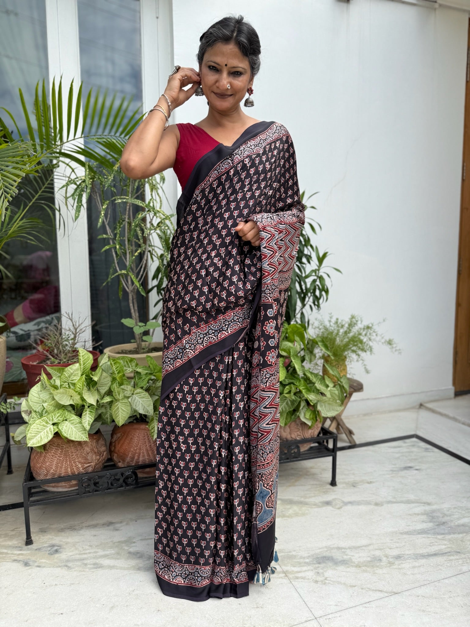 Black Kashish Hand Block Ajrakh Modal Silk Saree