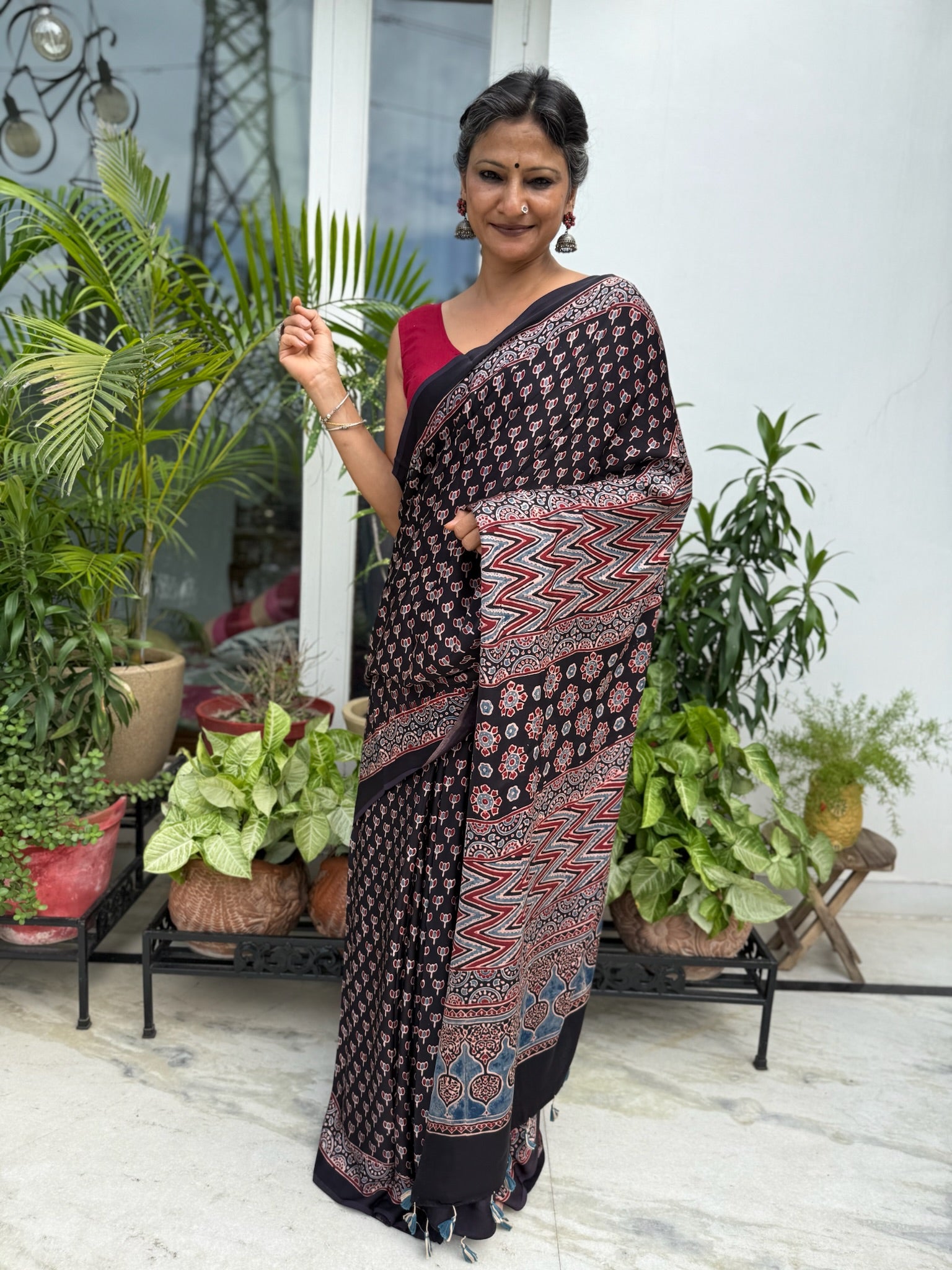 Black Kashish Hand Block Ajrakh Modal Silk Saree