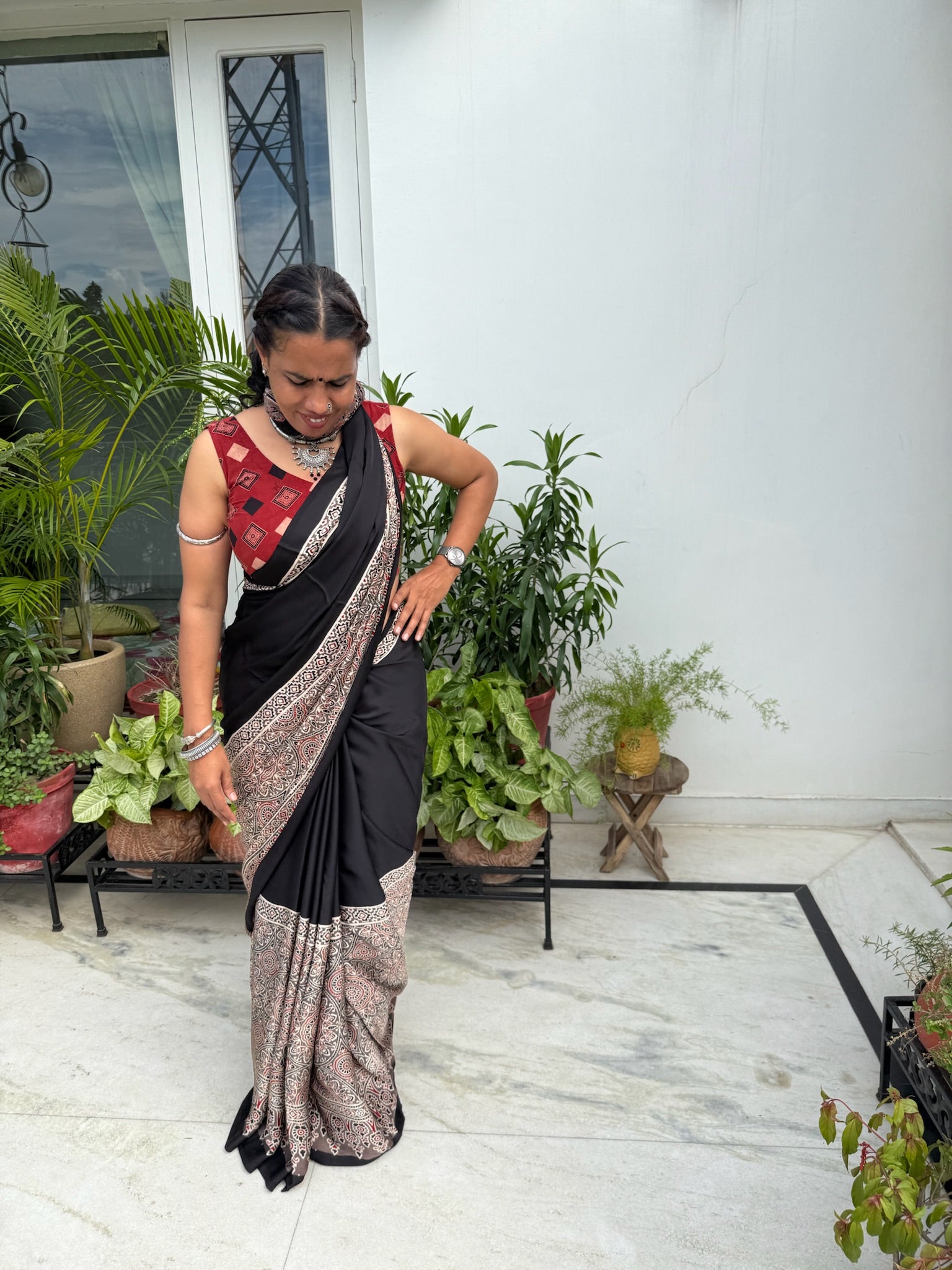 Black Kashish Hand Block Ajrakh Modal Silk Saree