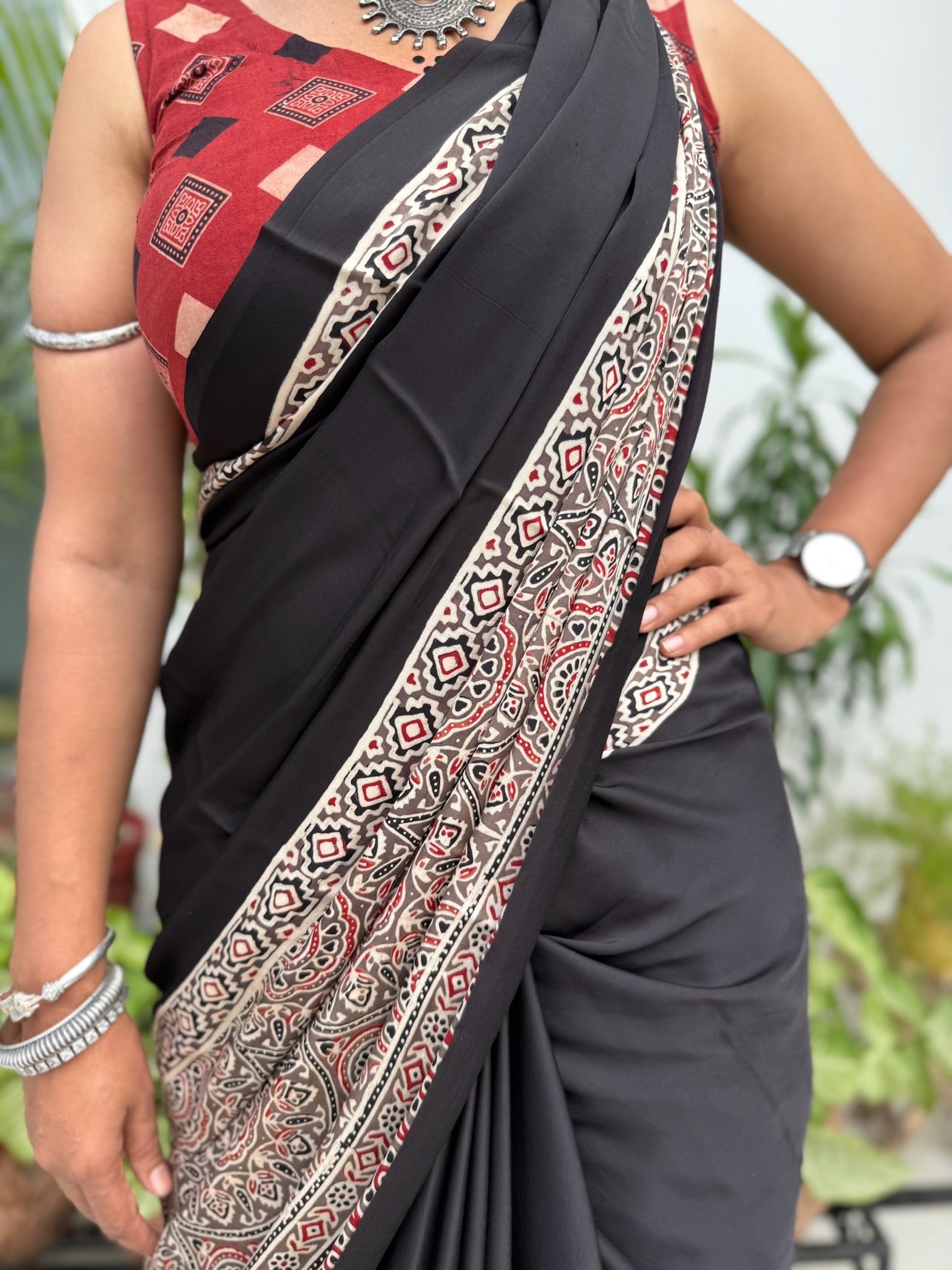 Black Kashish Hand Block Ajrakh Modal Silk Saree