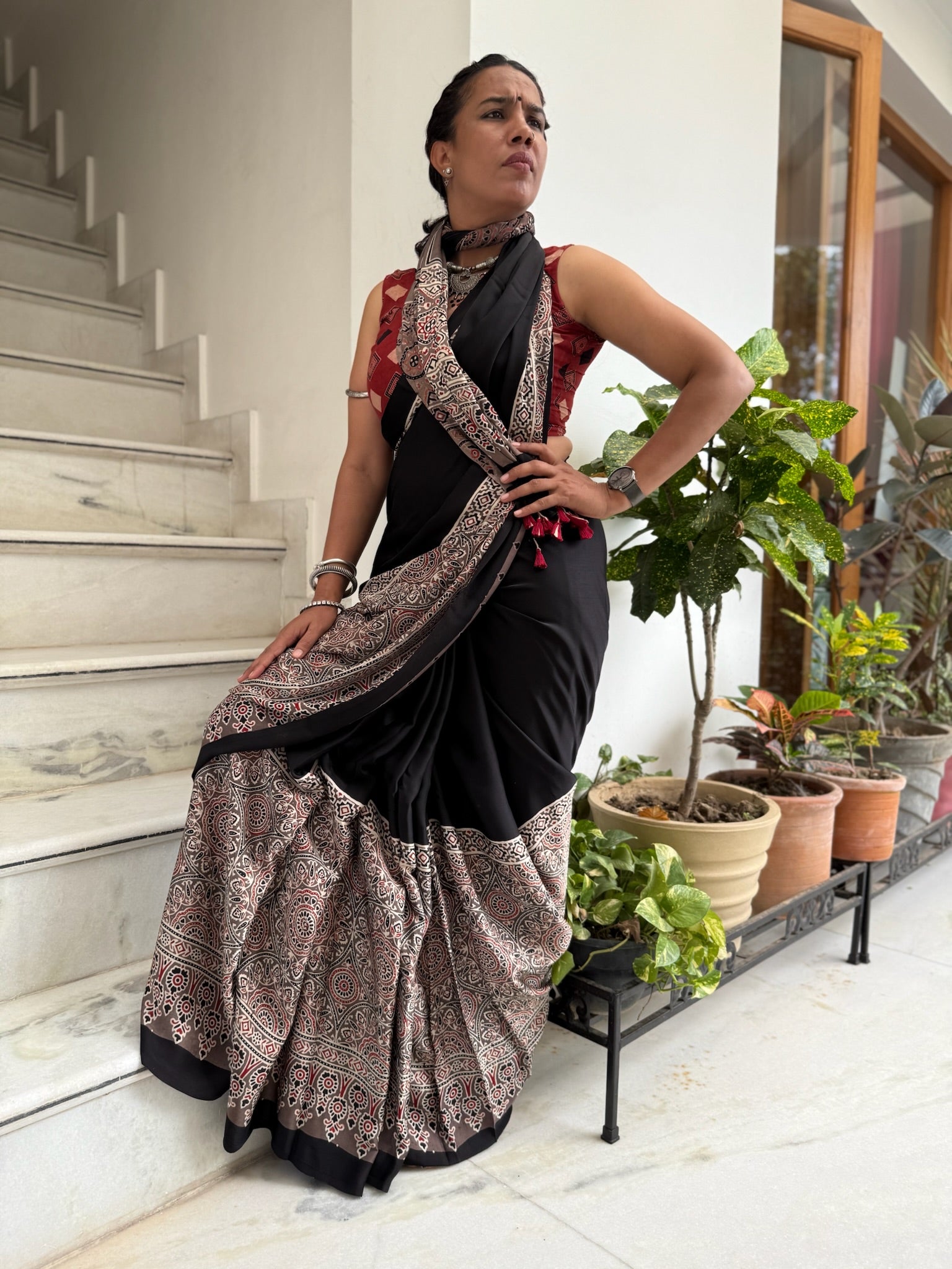 Black Kashish Hand Block Ajrakh Modal Silk Saree