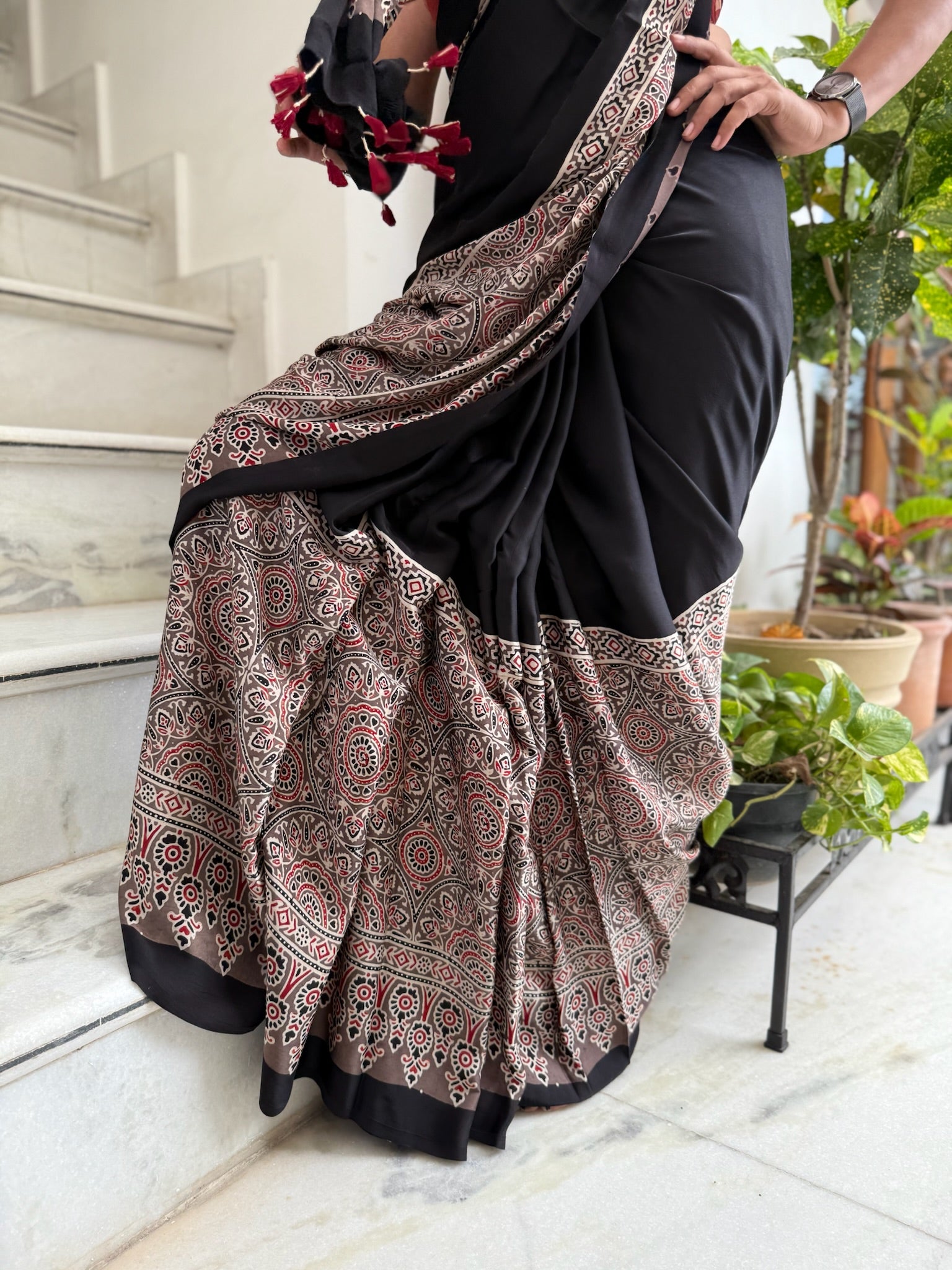 Black Kashish Hand Block Ajrakh Modal Silk Saree