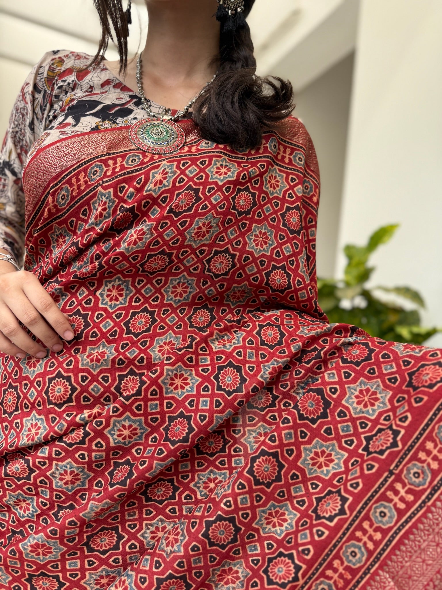 Rich Crimson Red Hand Block Ajrakh Dola Silk Saree