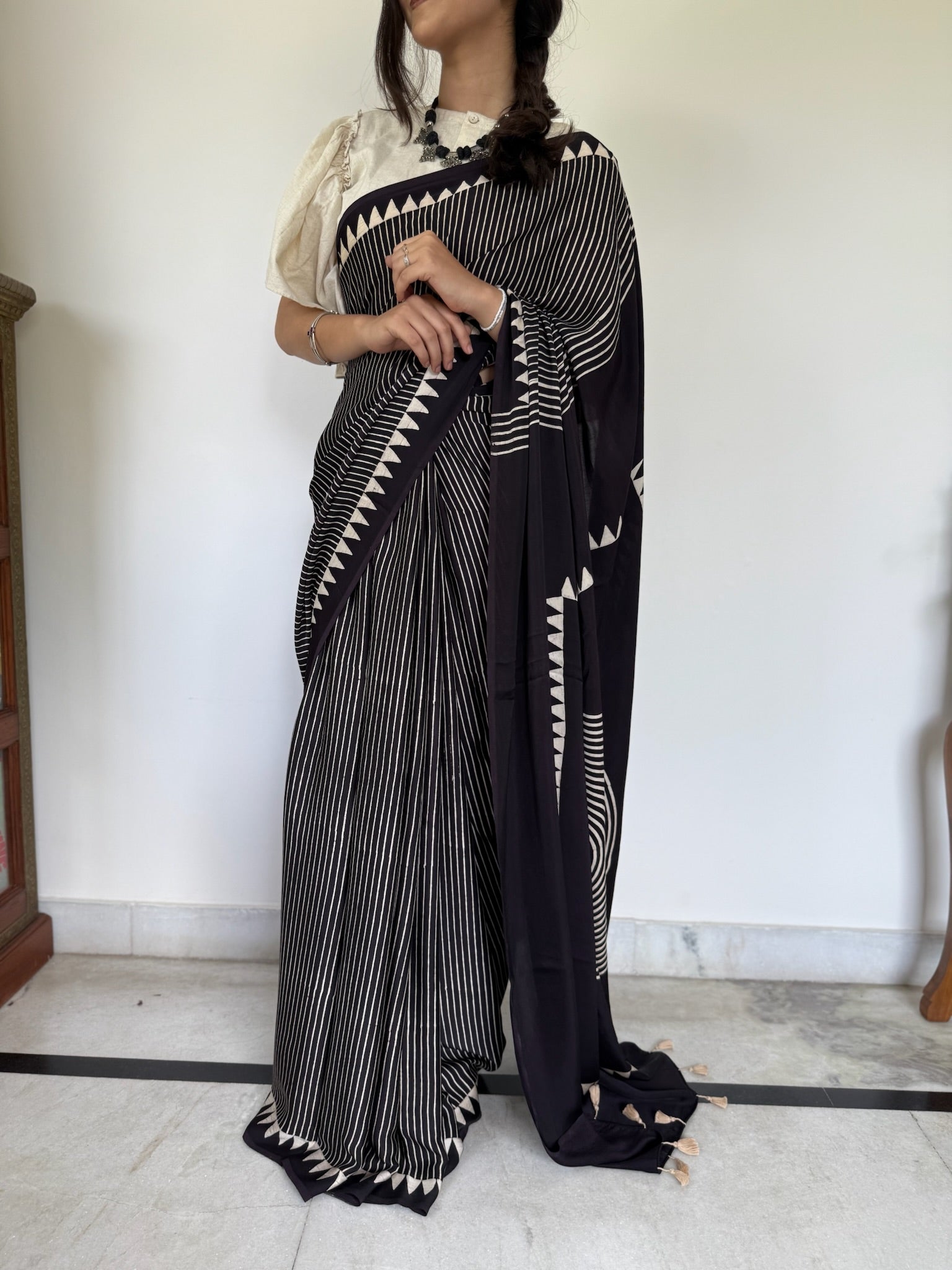Black Offwhite Geometric Hand Block Ajrakh Modal Silk Saree