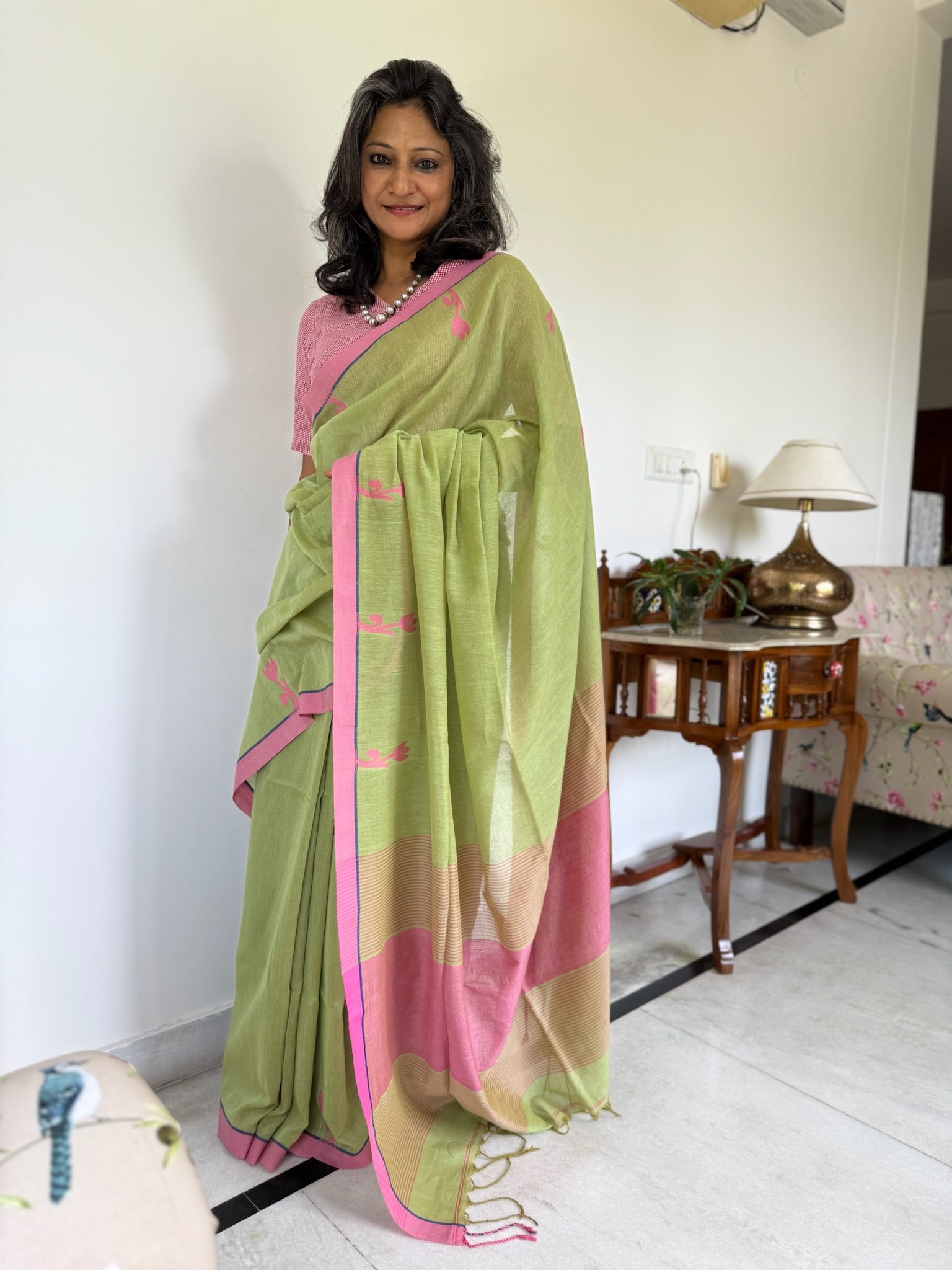 Soft Olive Green Paired With A Dusty Rose Pink Pallu Pure Cotton Jamdani Saree